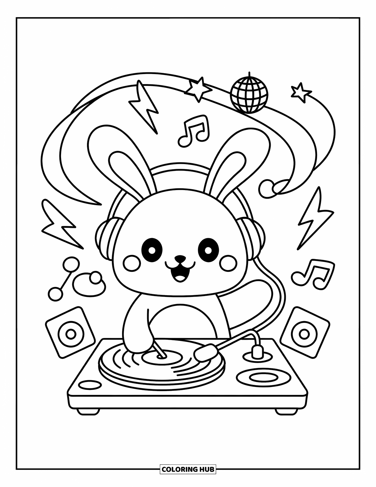 Desenho de Música para Colorir para Adultos: Coelhinha DJ Kawaii toca música com notas, estrelas e uma bola de discoteca brilhante no alto