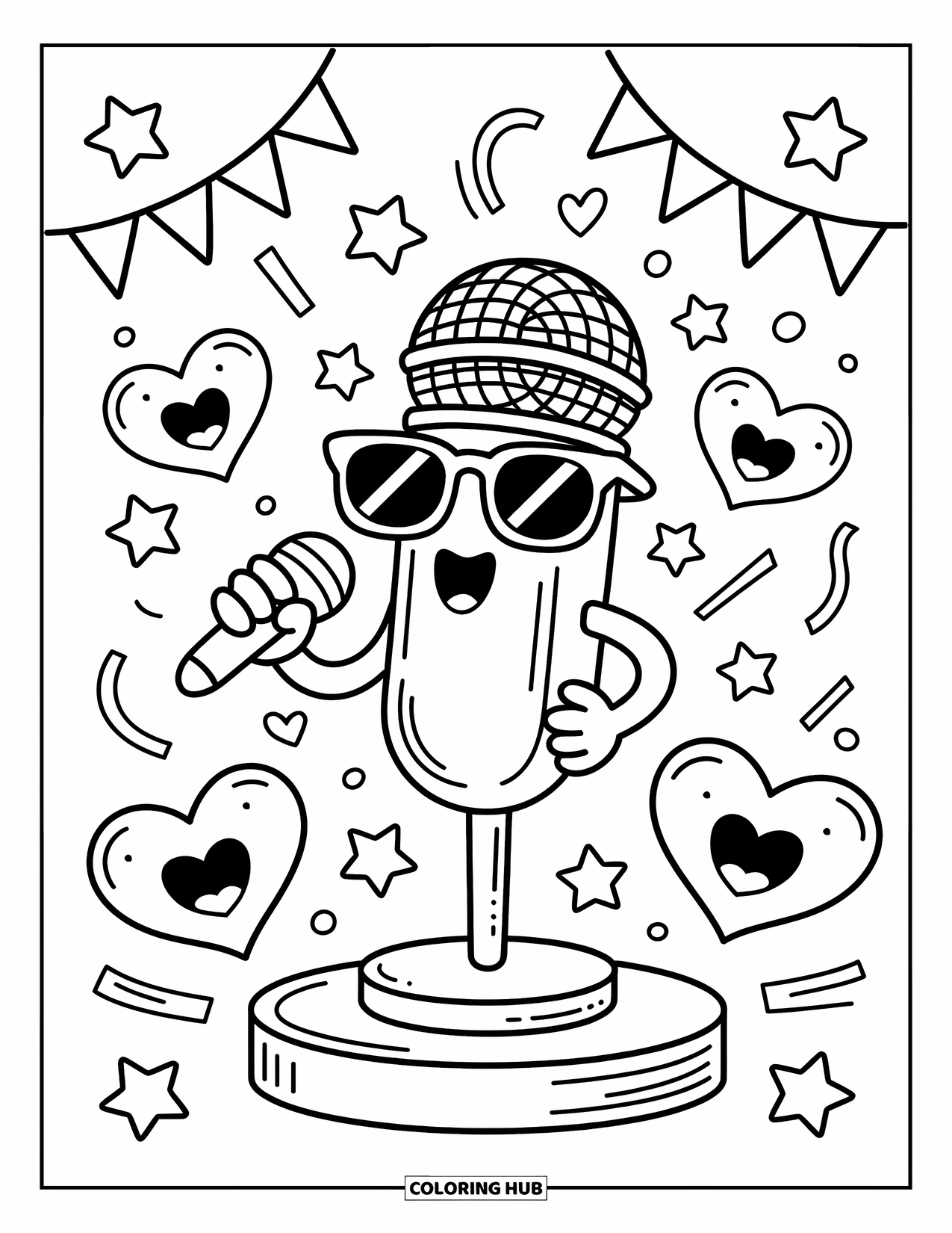 Desenho de Música para Colorir para Adultos: Microfone Kawaii assume o centro do palco com bandeiras, confetes e corações dançantes por toda parte