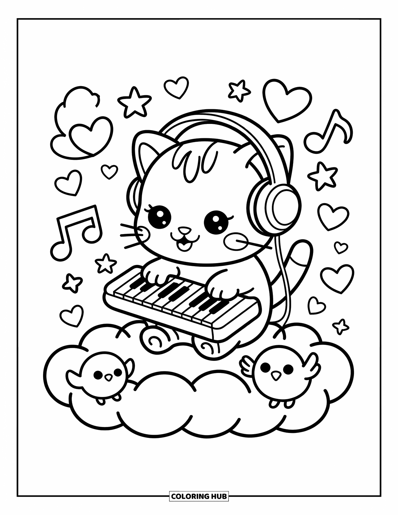 Desenho de Música para Colorir para Adultos: Gatinho toca um teclado minúsculo em um palco de nuvens enquanto pássaros assistem de assentos fofos