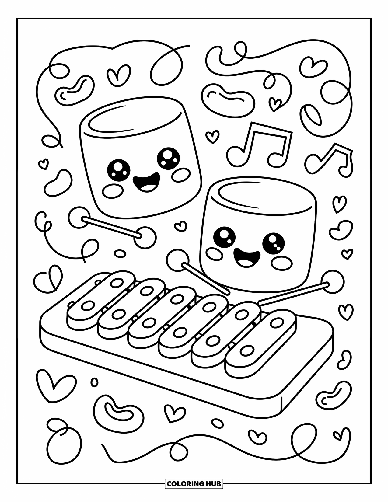 Desenho de Música para Colorir para Adultos: Marshmallows com olhos grandes tocam um xilofone cercado por corações, laços e jujubas