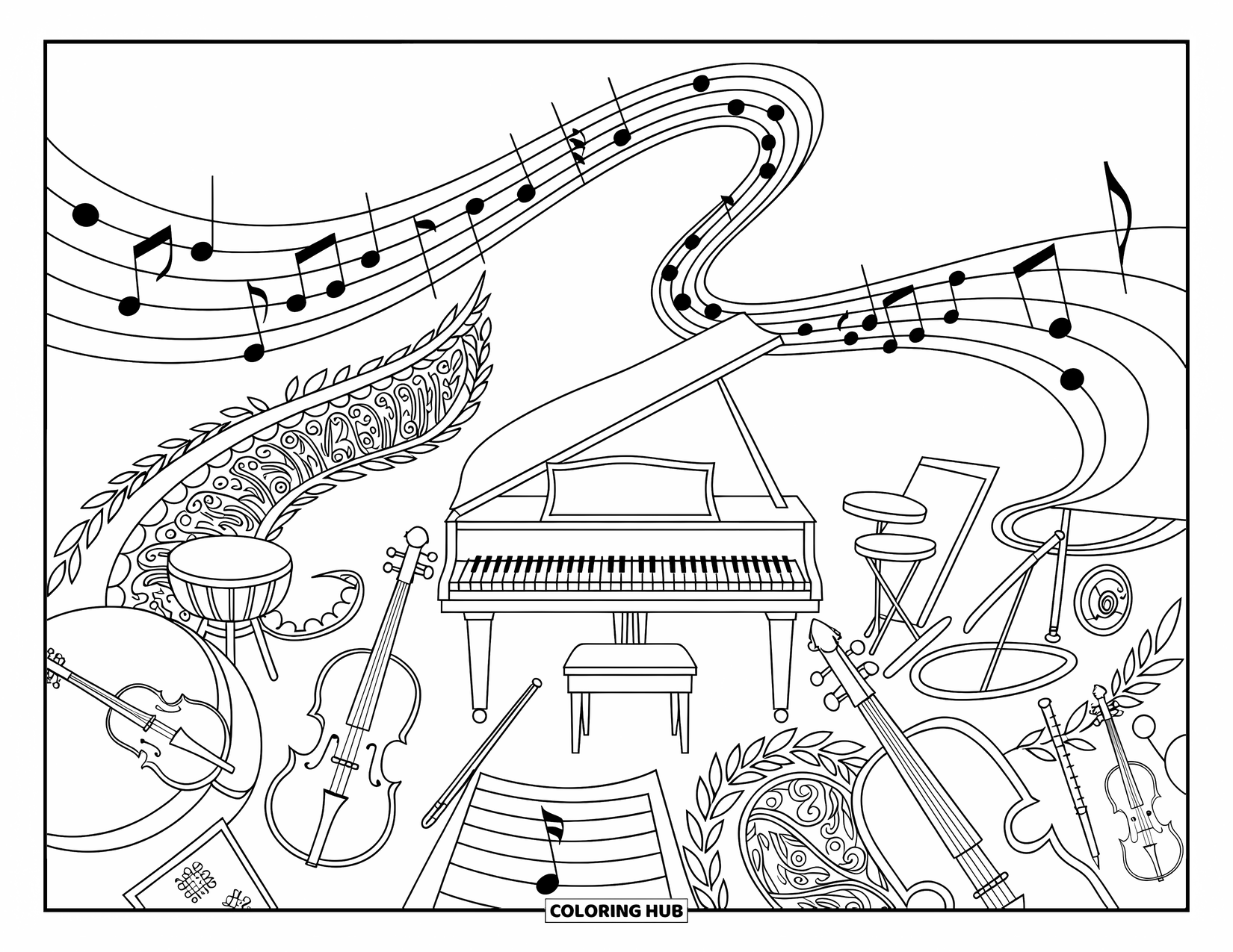 Desenho de Música para Colorir para Adultos: Sala de aula musical cheia de instrumentos, notas girando através de videiras e folhas