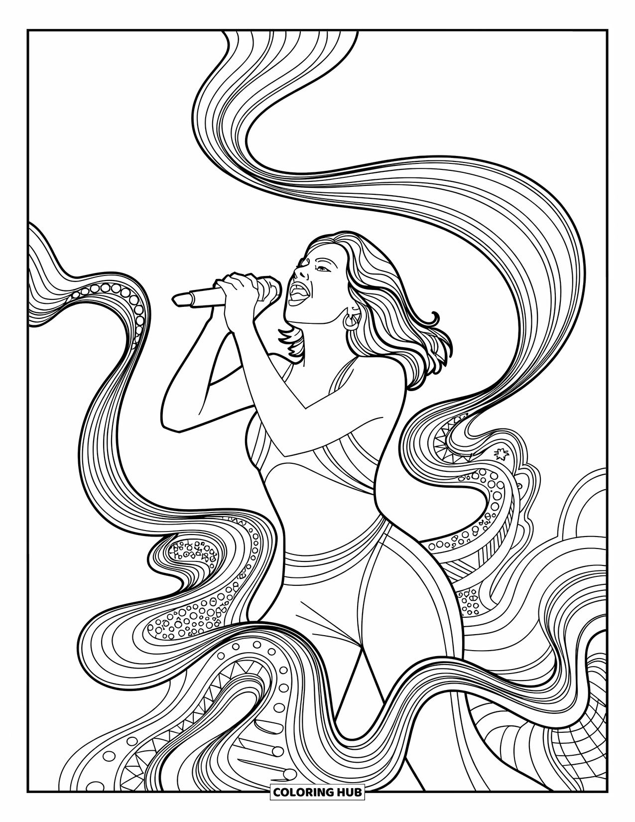 Desenho de Música para Colorir para Adultos: Energia musical irradia de um cantor emoldurado por notas giratórias e padrões intrincados