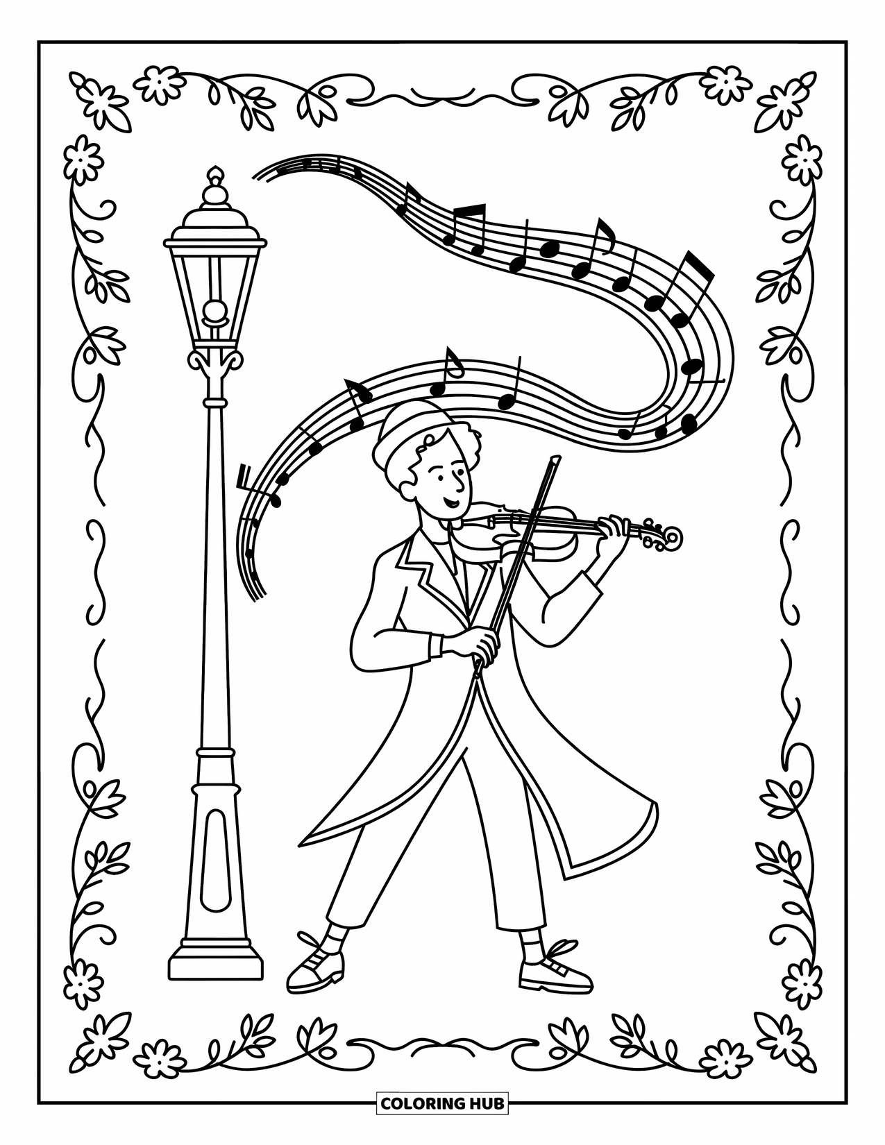 Desenho de Música para Colorir para Adultos: Músico toca sob um poste de luz ornamentado enquanto notas e bordas florais preenchem a cena
