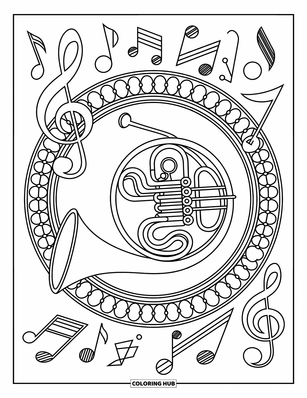Desenho de Música para Colorir para Adultos: Notas e treliças se entrelaçam em torno de uma trompa em uma composição graciosa e ornamentada
