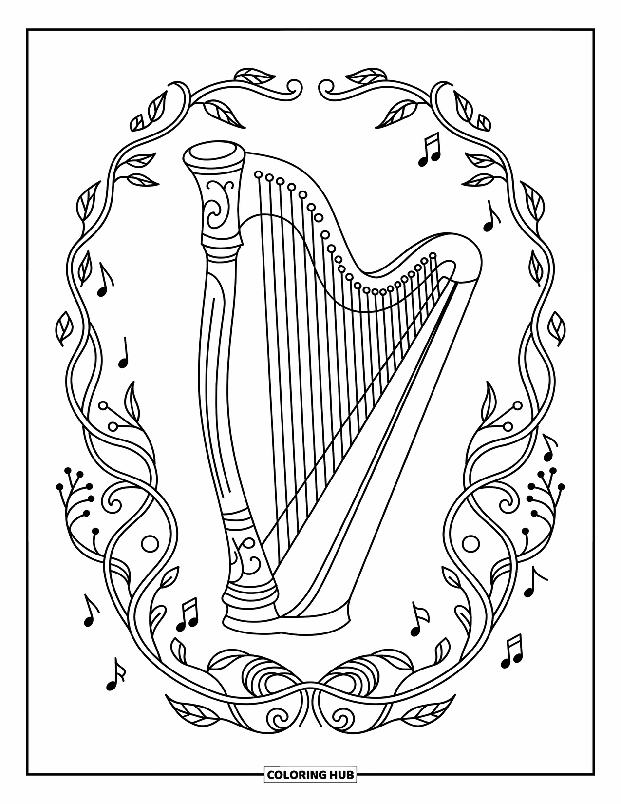 Desenho de Música para Colorir para Adultos: Harpa ornamentada cercada por videiras circulares, folhas e padrões musicais equilibrados