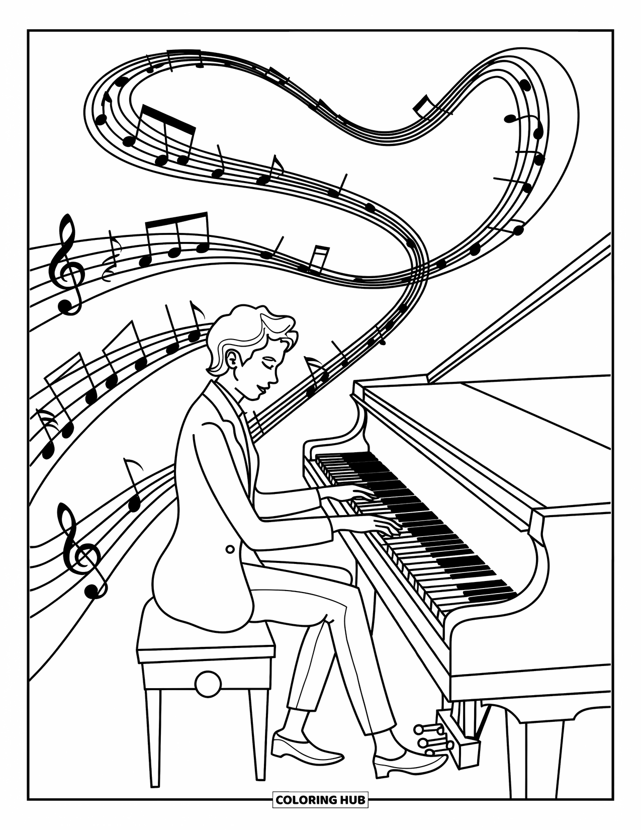 Desenho de Música para Colorir para Adultos: Pianista toca enquanto as notas espiralam para cima através de pautas musicais e linhas abstratas