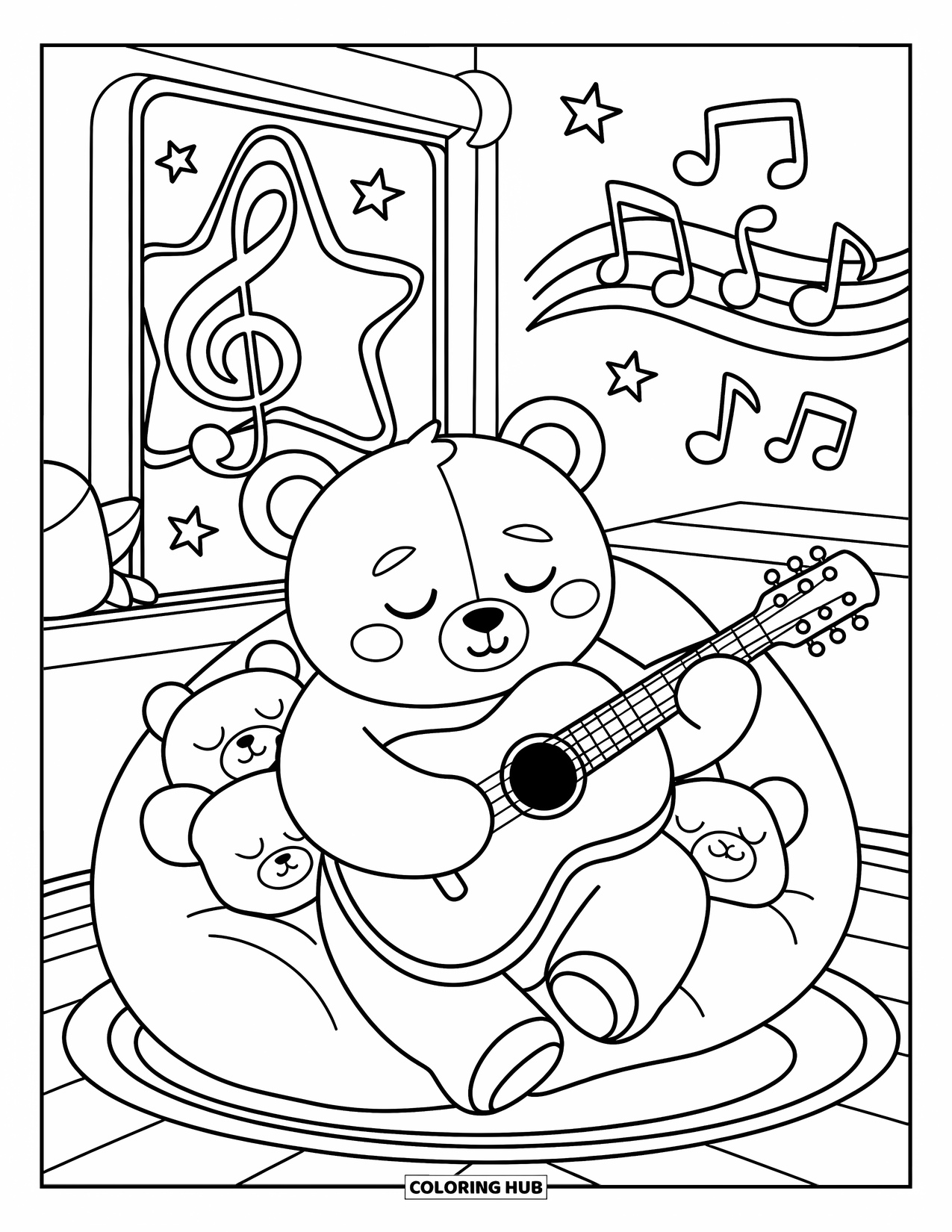 Desenho de Música para Colorir para Adultos: Urso sonolento dedilha um violão em uma almofada enquanto a música flutua através de uma janela de estrelas