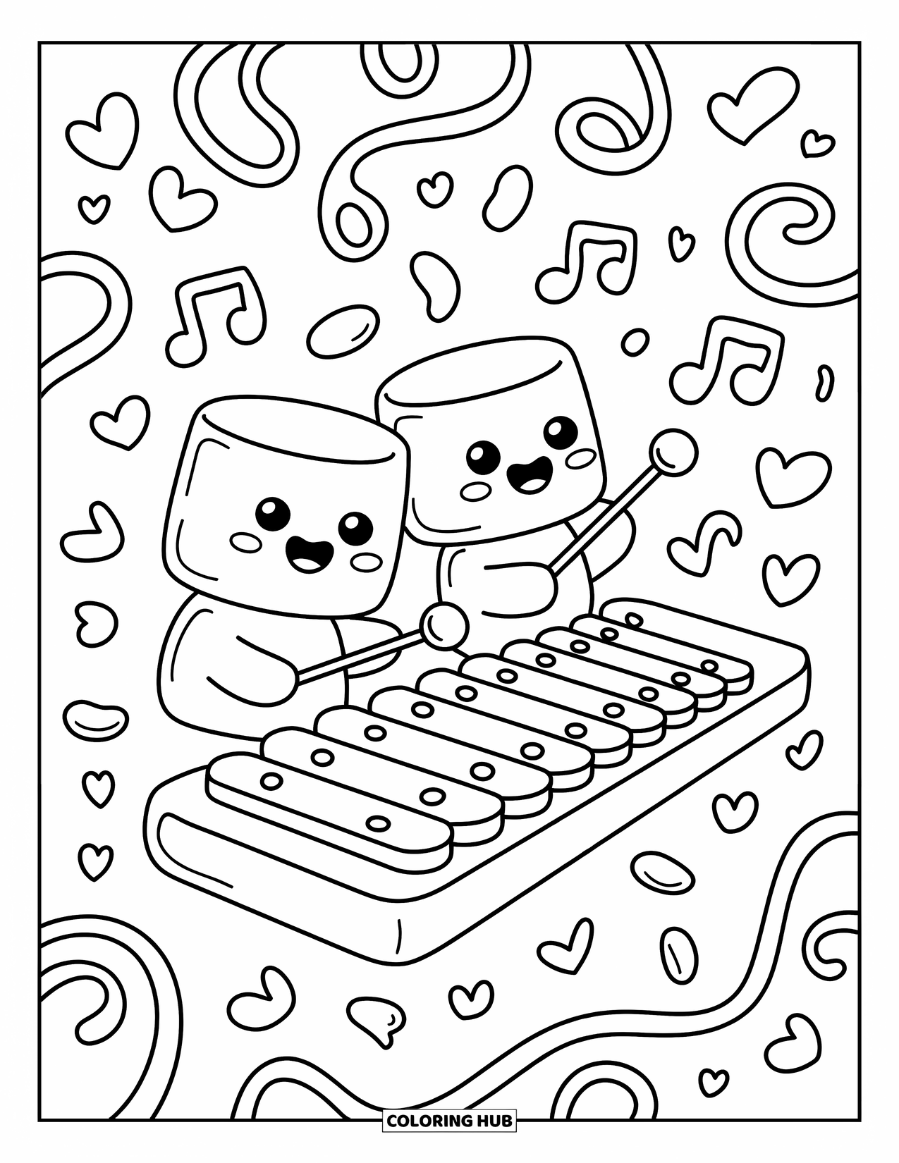 Desenho de Música para Colorir para Adultos: Marshmallows sorridentes batem em um xilofone enquanto a música e os laços dançam no fundo