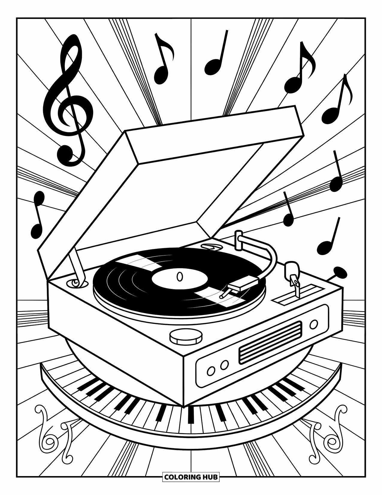 Desenho de Música para Colorir para Adultos: Vinil girando, notas elegantes e instrumentos preenchem esta cena musical ornamentada