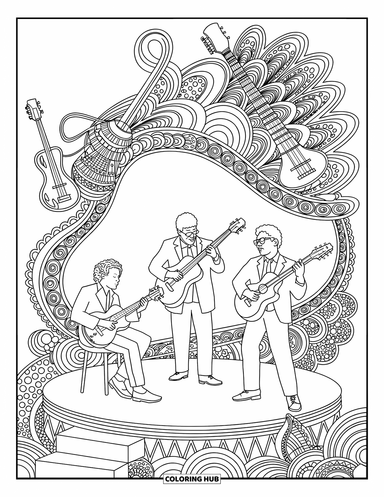 Desenho de Música para Colorir para Adultos: Palco vibra com energia jazzística enquanto redemoinhos, instrumentos e detalhes artísticos preenchem cada canto