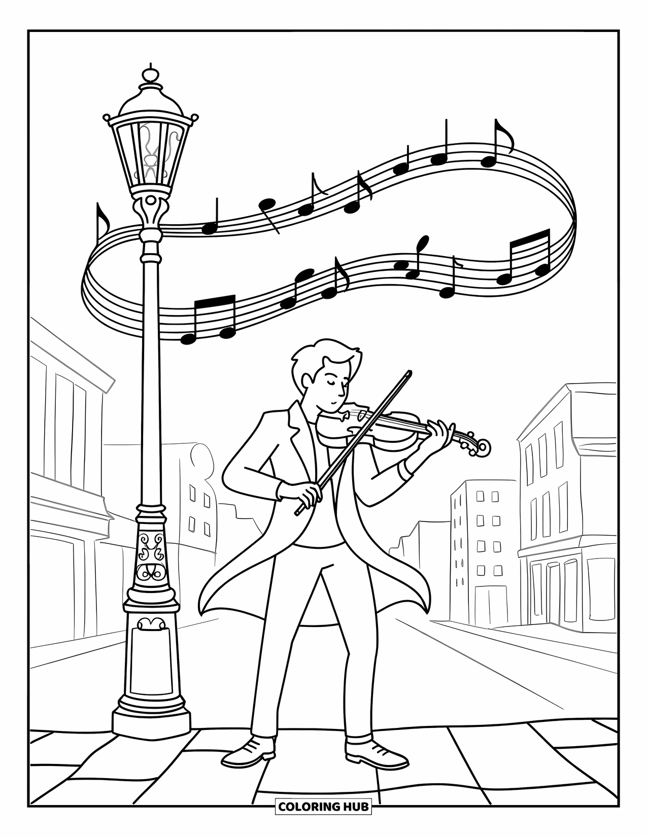 Desenho de Música para Colorir para Adultos: Violinista de rua sob um poste de luz com notas giratórias e edifícios da cidade ao fundo