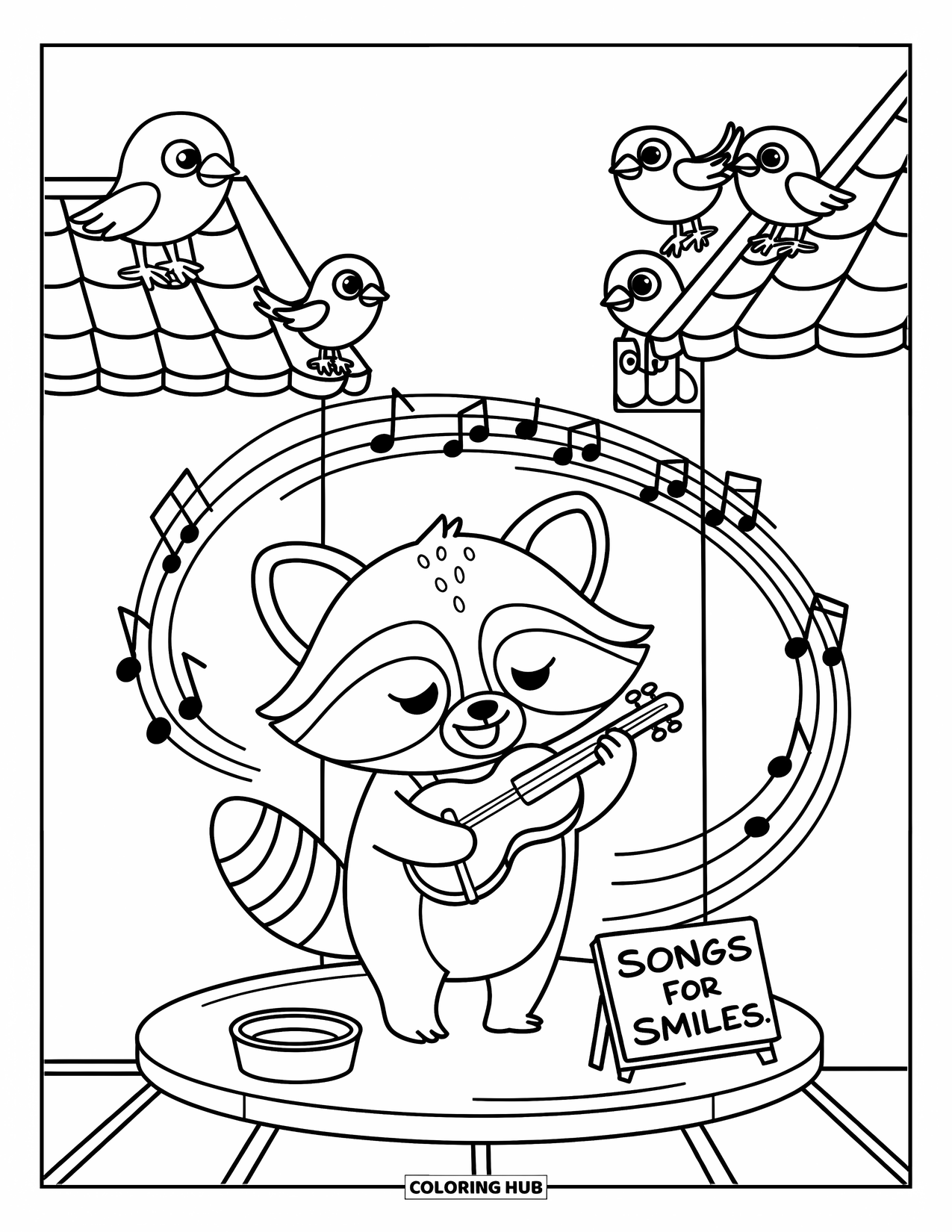 Desenho de Música para Colorir para Adultos: Guaxinim doce toca músicas na rua com um chapéu de gorjeta e redemoinhos musicais