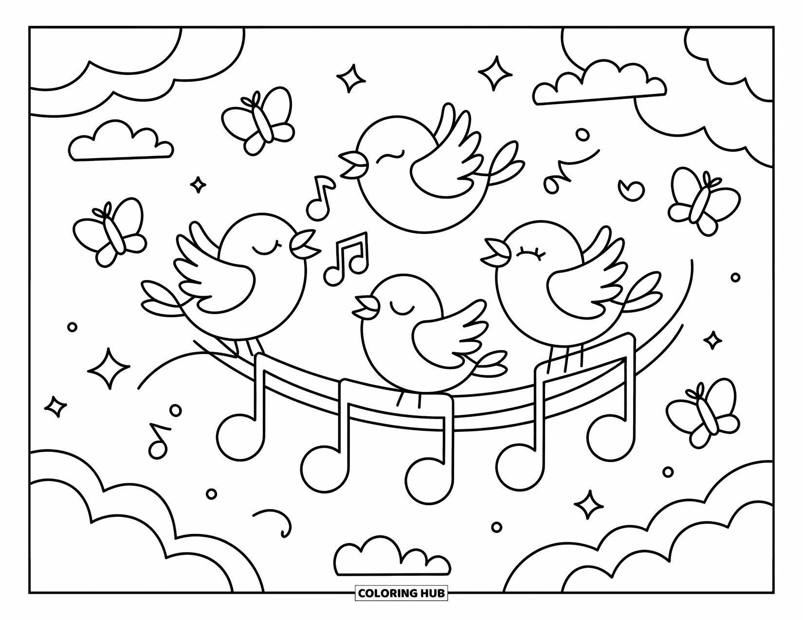 Desenho de Música para Colorir para Adultos: Três pássaros cantores empoleirados em notas musicais com borboletas e brilhos por toda parte