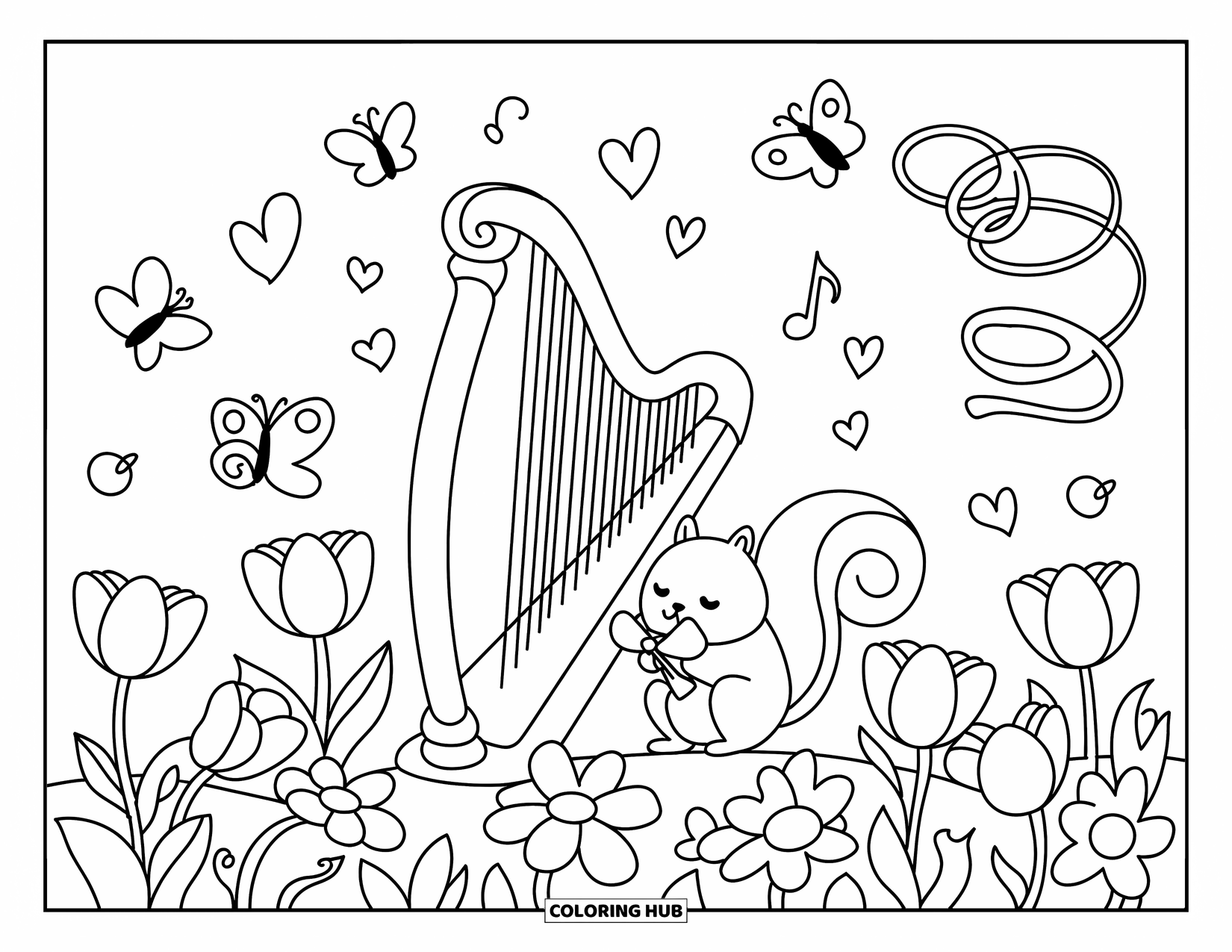 Desenho de Música para Colorir para Adultos: Esquilo minúsculo toca harpa em um jardim cheio de tulipas, margaridas e borboletas