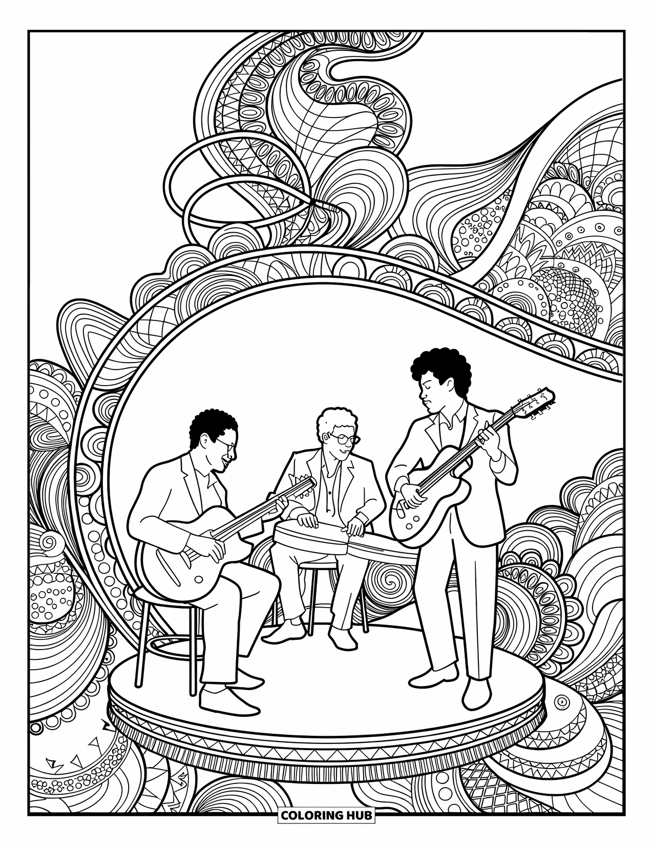 Desenho de Música para Colorir para Adultos: Trio toca sob notas e padrões ondulados com instrumentos e detalhes cercando o palco