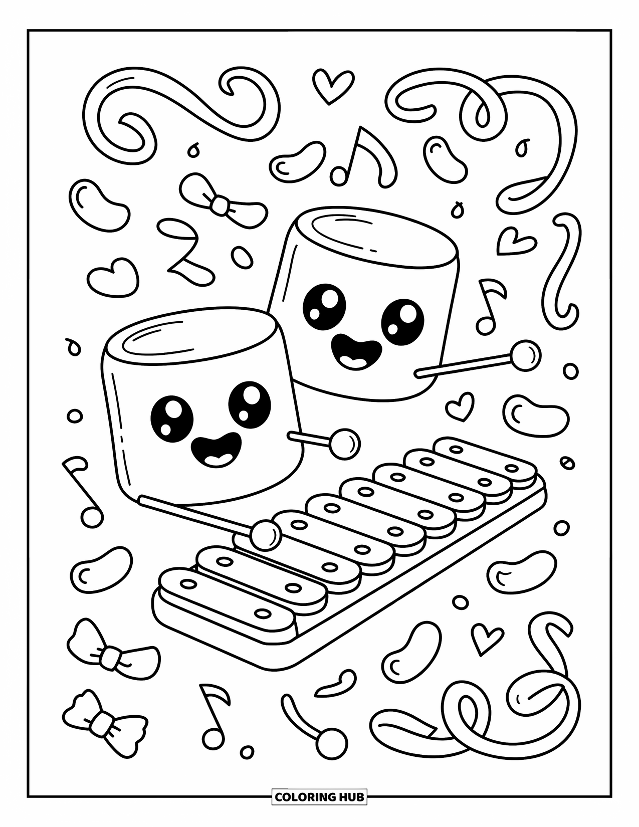 Desenho de Música para Colorir para Adultos: Dois marshmallows tocam um xilofone com pequenos martelos e música flutuando através de jujubas