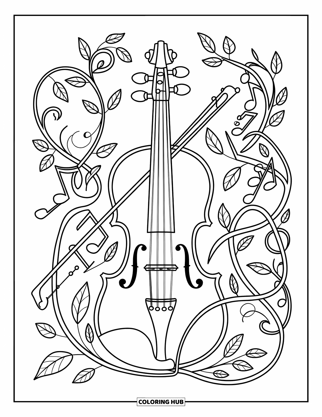 Desenho de Música para Colorir para Adultos: Videiras e notas se enrolam em torno de um violino em uma composição detalhada e elegante