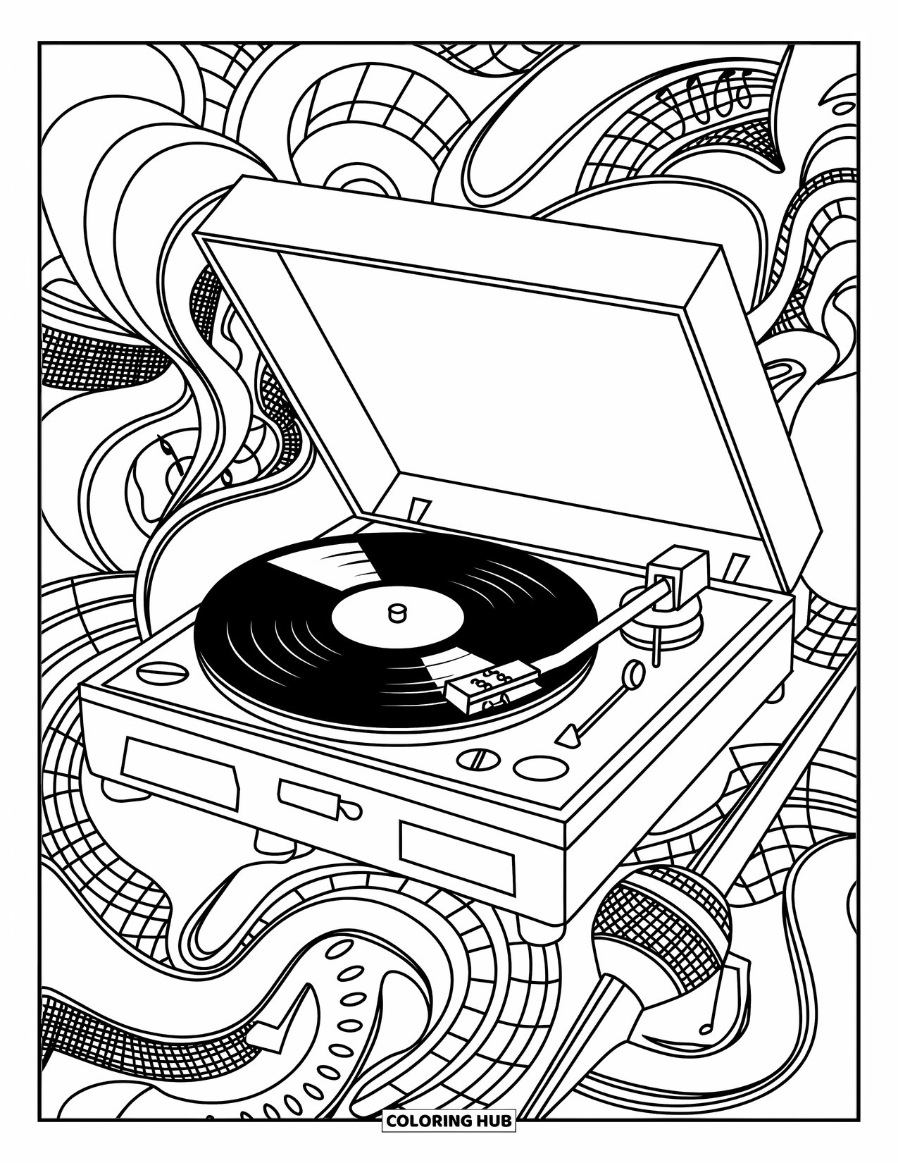 Desenho de Música para Colorir para Adultos: Toca-discos vintage girando notas em um fundo cheio de charme musical
