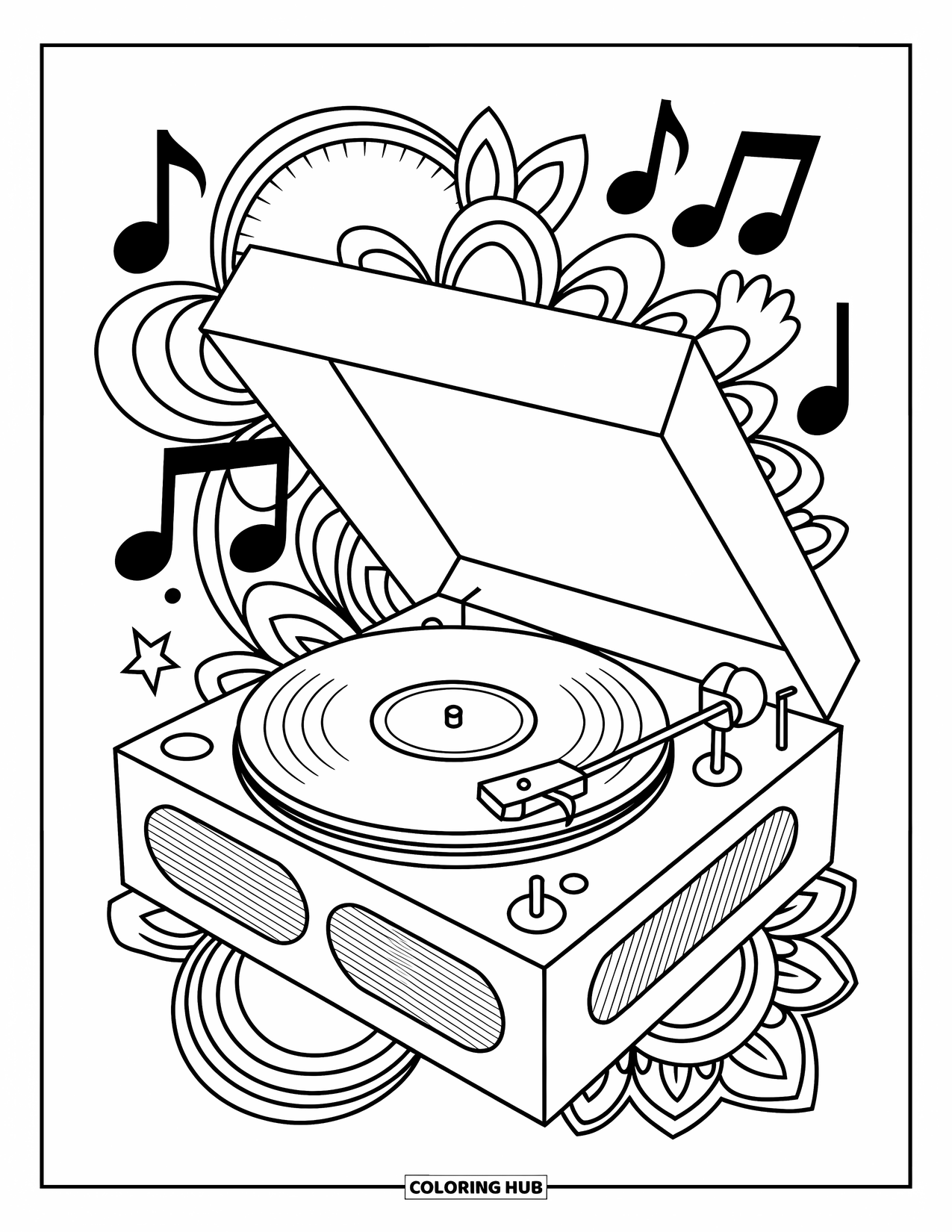 Desenho de Música para Colorir para Adultos: Toca-discos vintage gira sob um céu de notas giratórias e designs florais ornamentados