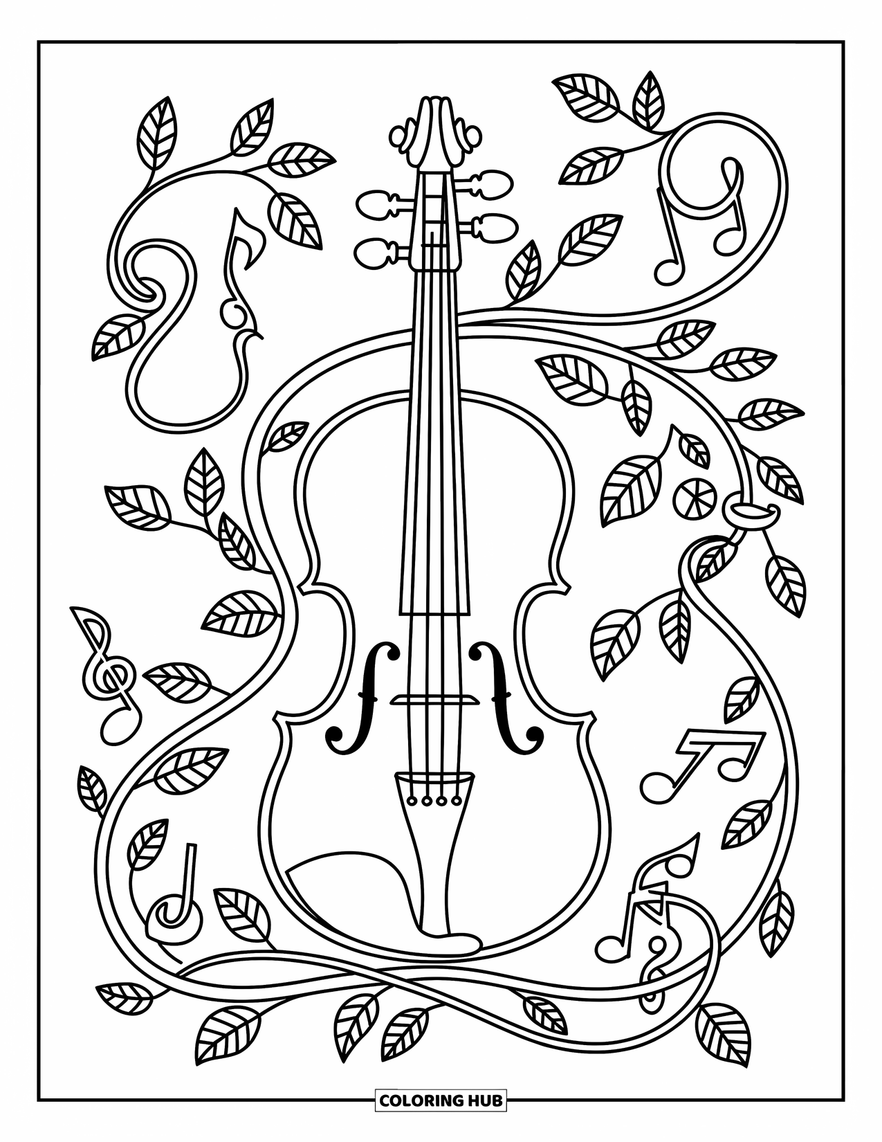 Desenho de Música para Colorir para Adultos: Violino e videiras giratórias preenchem o espaço com padrões de folhas e símbolos musicais