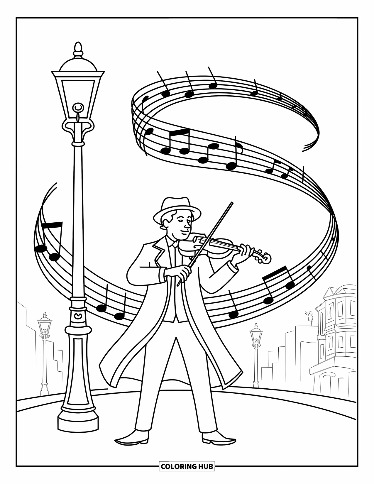 Desenho de Música para Colorir para Adultos: Violinista em um casaco esvoaçante sob um horizonte giratório de notas, luzes e padrões da cidade