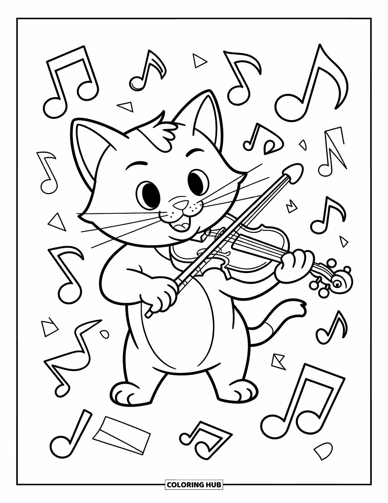 Desenho de Música para Colorir para Crianças: Um gato alegre toca violino cercado por notas e formas geométricas divertidas