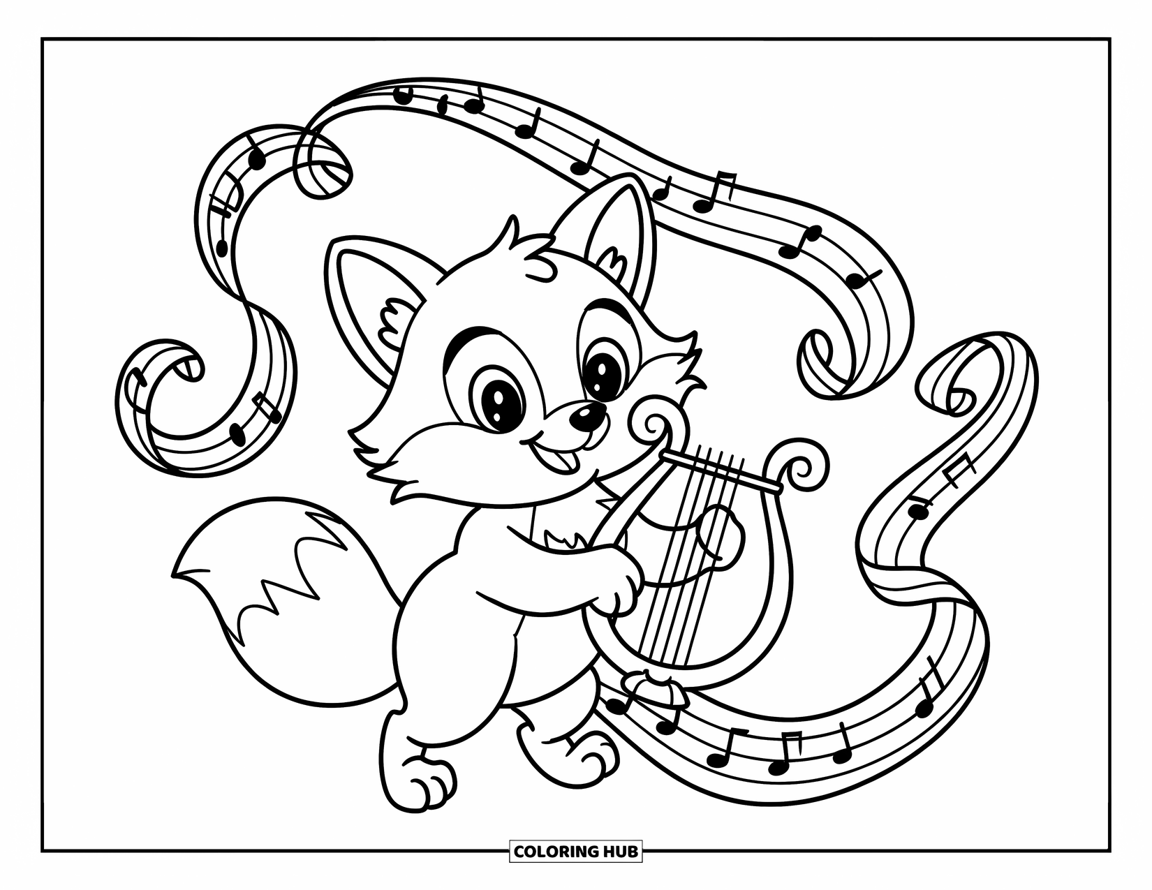 Desenho de Música para Colorir para Crianças: Uma raposa alegre segura uma lira com cachos musicais rodopiando ao redor