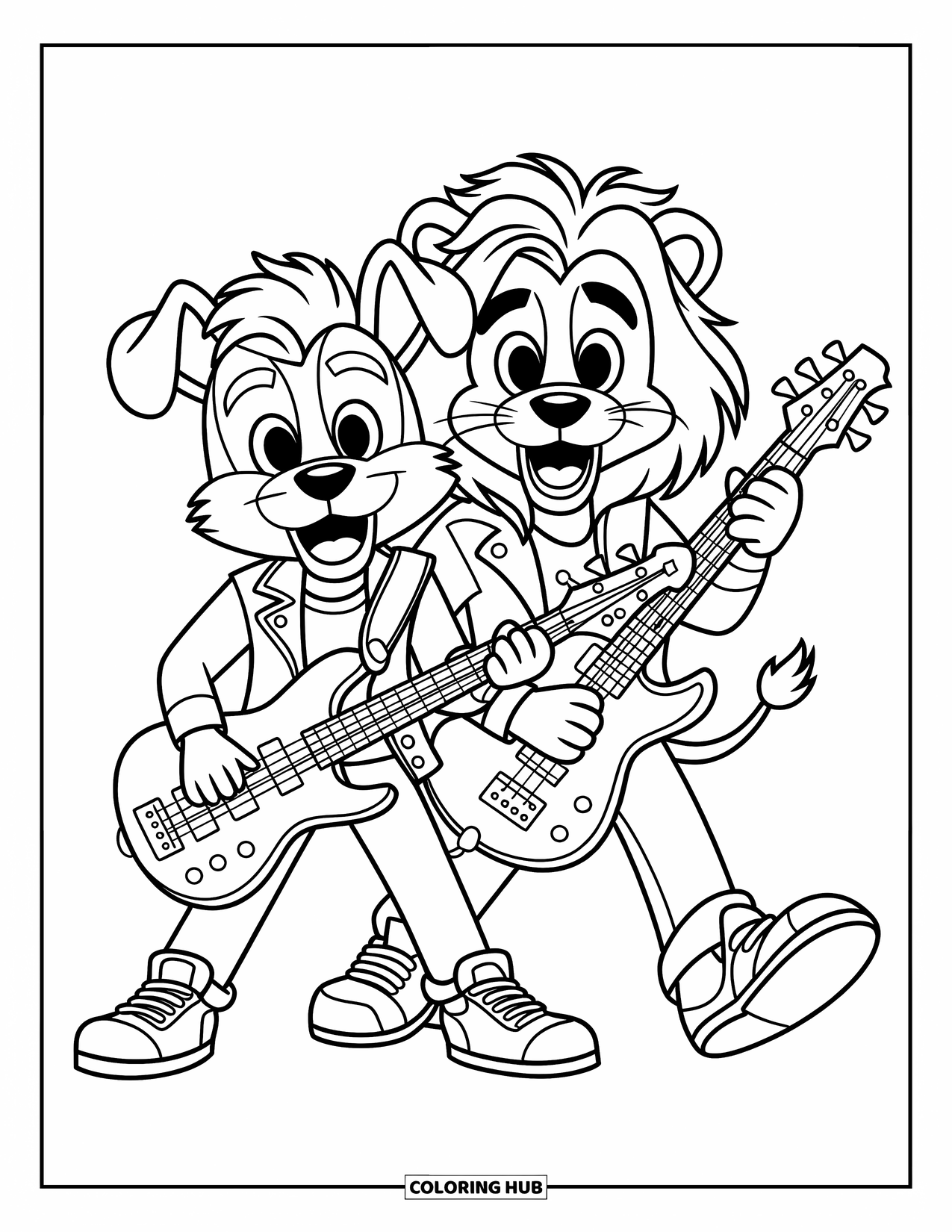 Desenho de Música para Colorir para Crianças: Um cachorro e um leão arrasam em guitarras baixas elétricas em roupas divertidas e expressivas