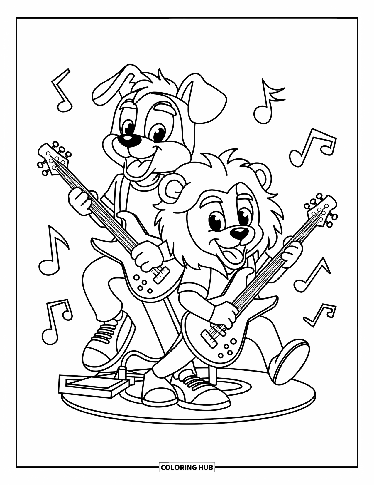 Desenho de Música para Colorir para Crianças: Um cachorro e um leão arrasando em guitarras baixas em uma cena de concerto divertida e animada