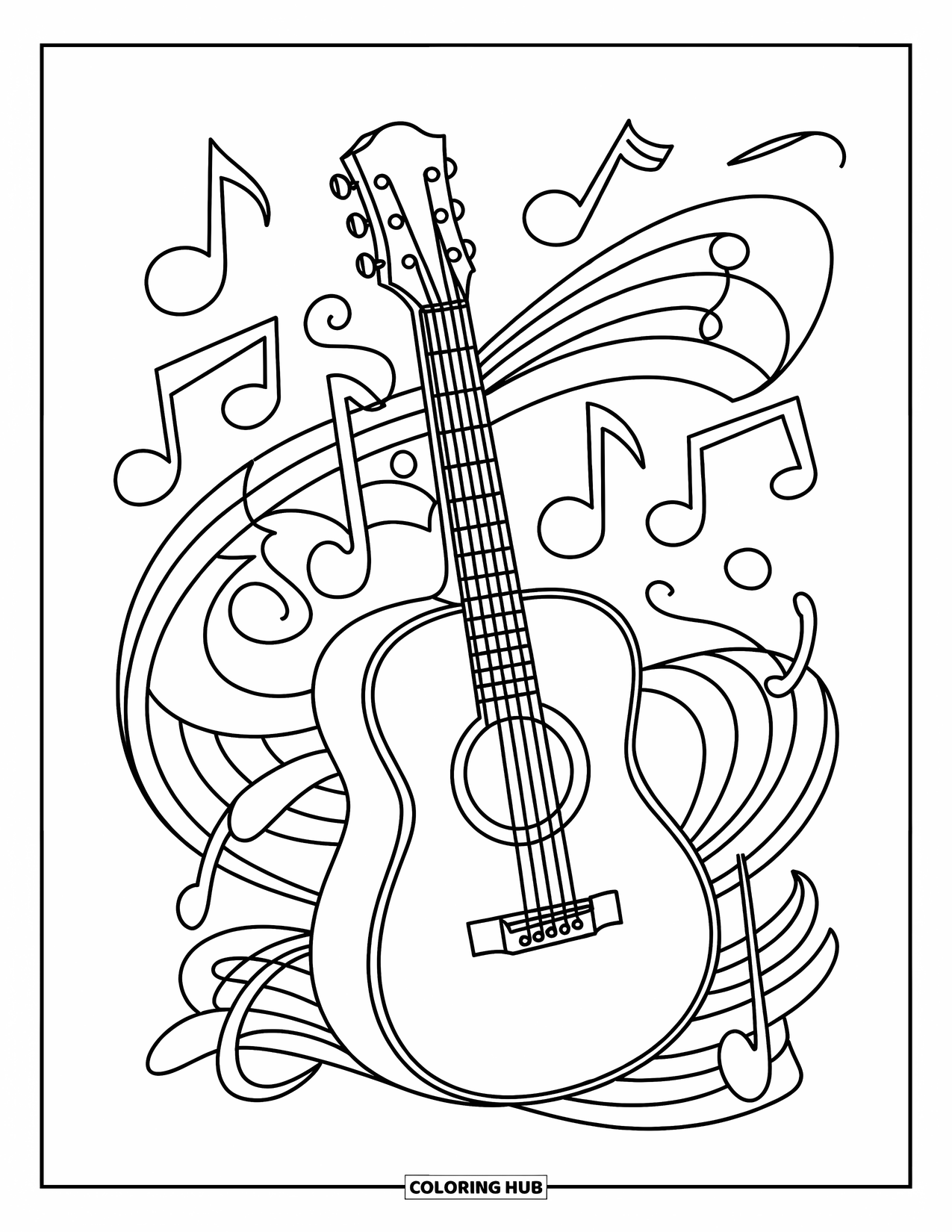 Desenho de Música para Colorir para Crianças: Violão acústico encostado em uma estante de música com notas e padrões abstratos por toda parte
