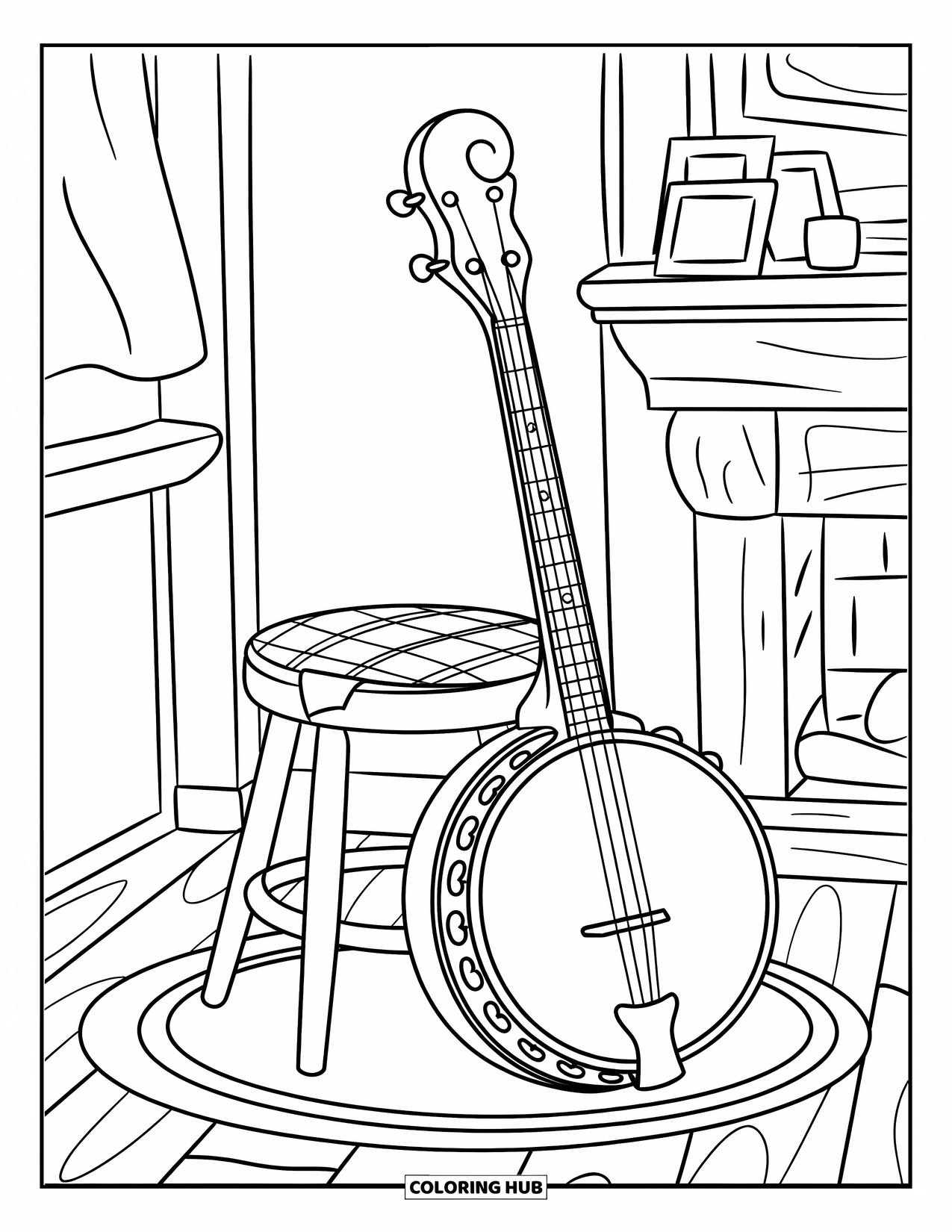 Desenho de Música para Colorir para Crianças: Banjo perto de um banquinho com um padrão xadrez e detalhes aconchegantes da sala ao redor