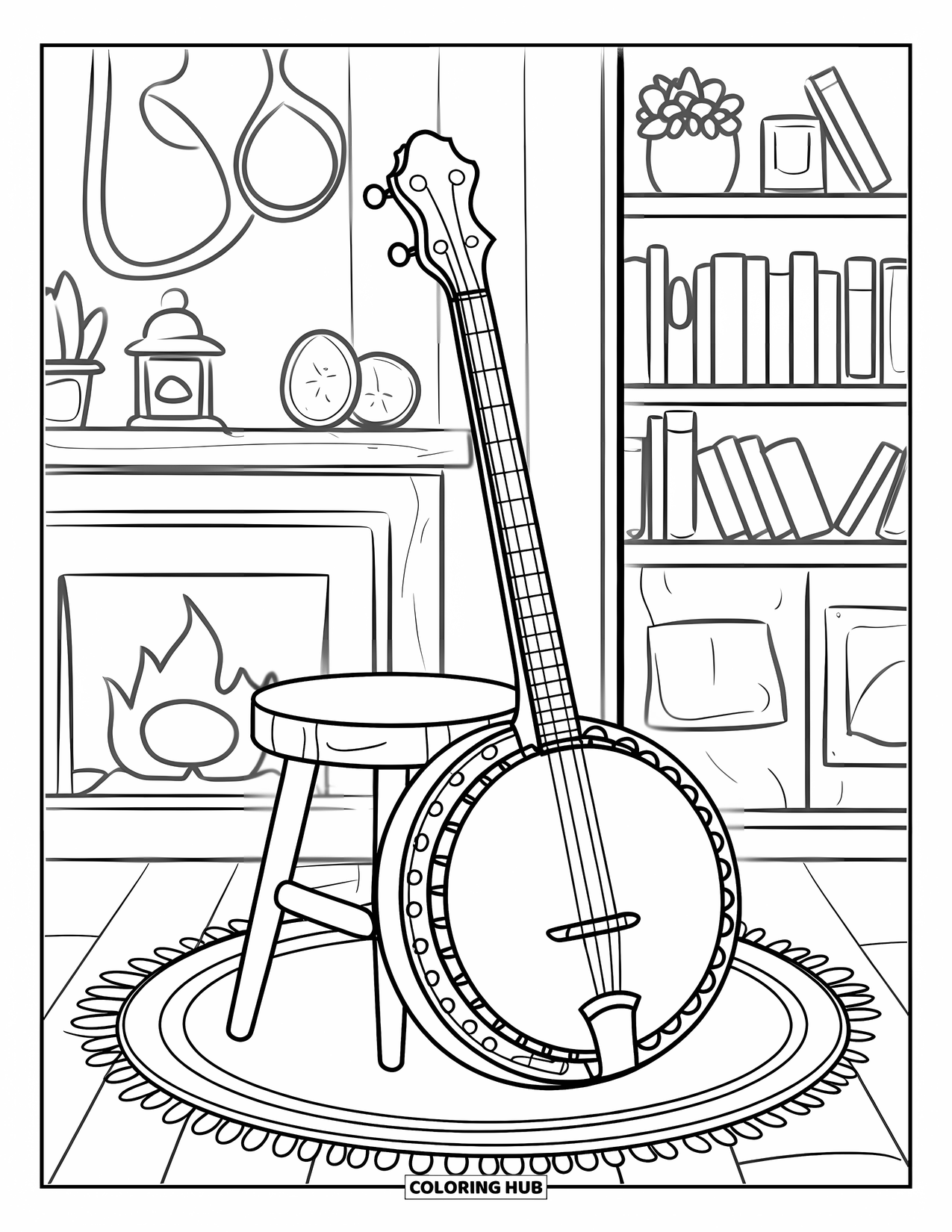 Desenho de Música para Colorir para Crianças: Banjo encostado em um banquinho em uma sala aconchegante com lareira e estante de livros
