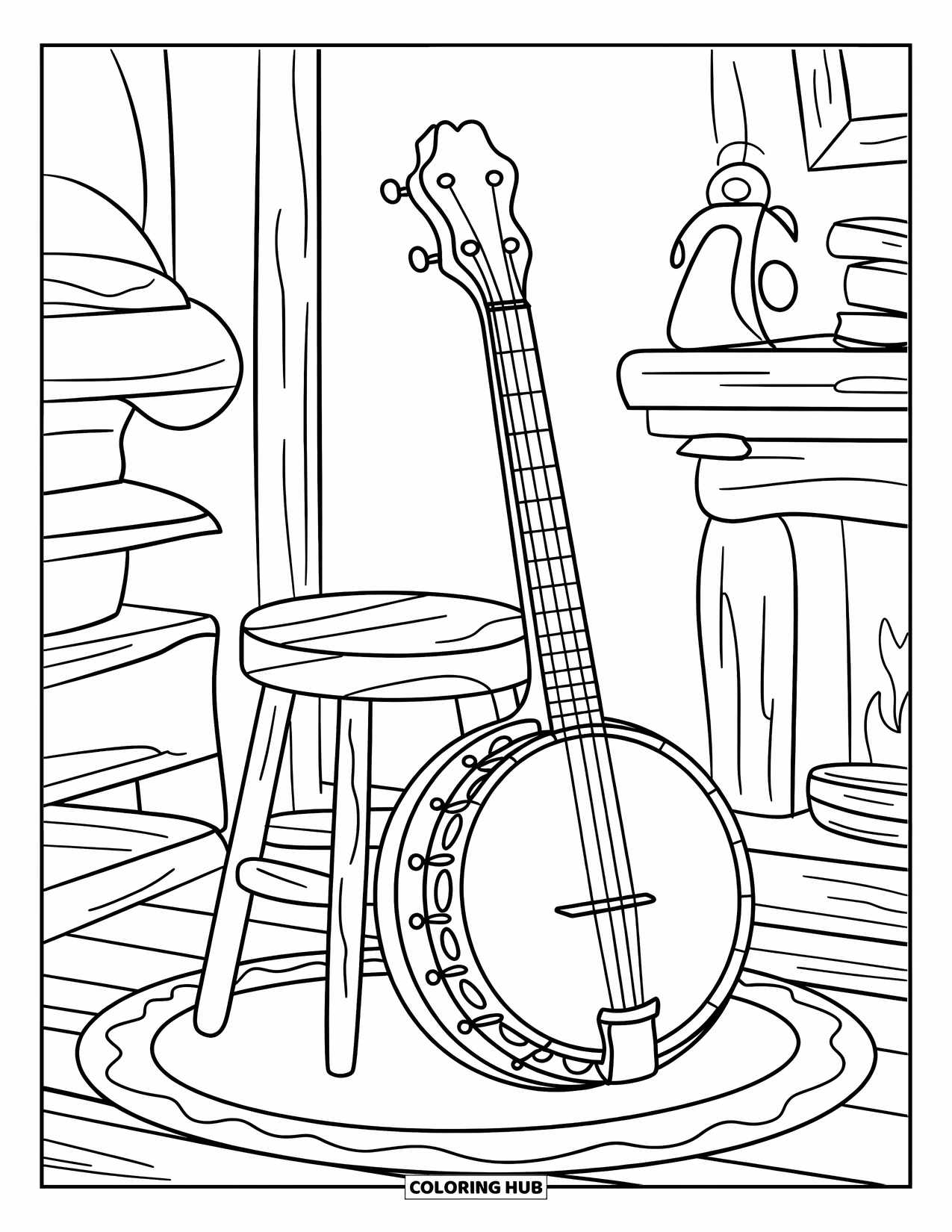 Desenho de Música para Colorir para Crianças: Banjo encostado em um banquinho em uma sala aconchegante com uma lareira e lanterna por perto