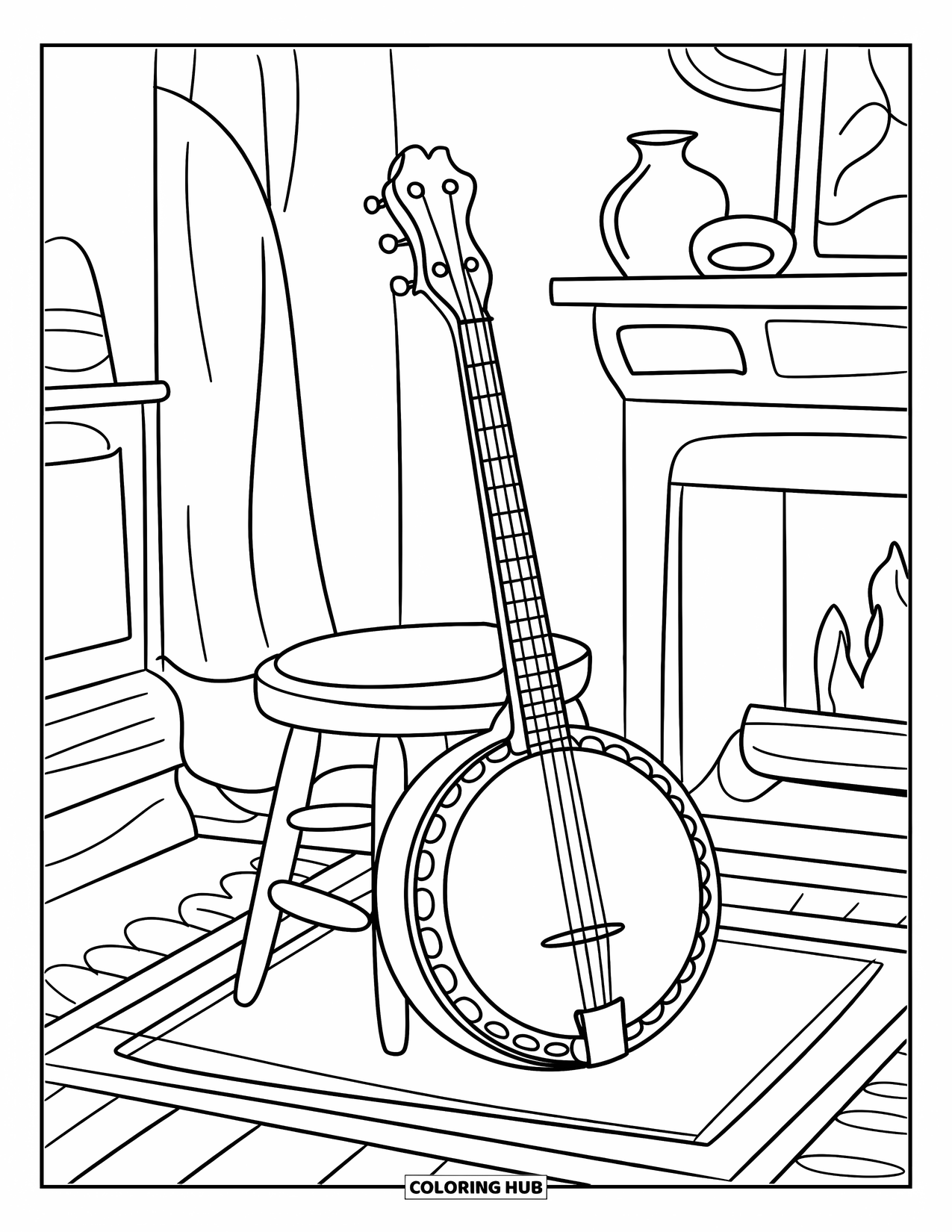 Desenho de Música para Colorir para Crianças: Banjo encostado em um banquinho aconchegante em uma sala charmosa e quente