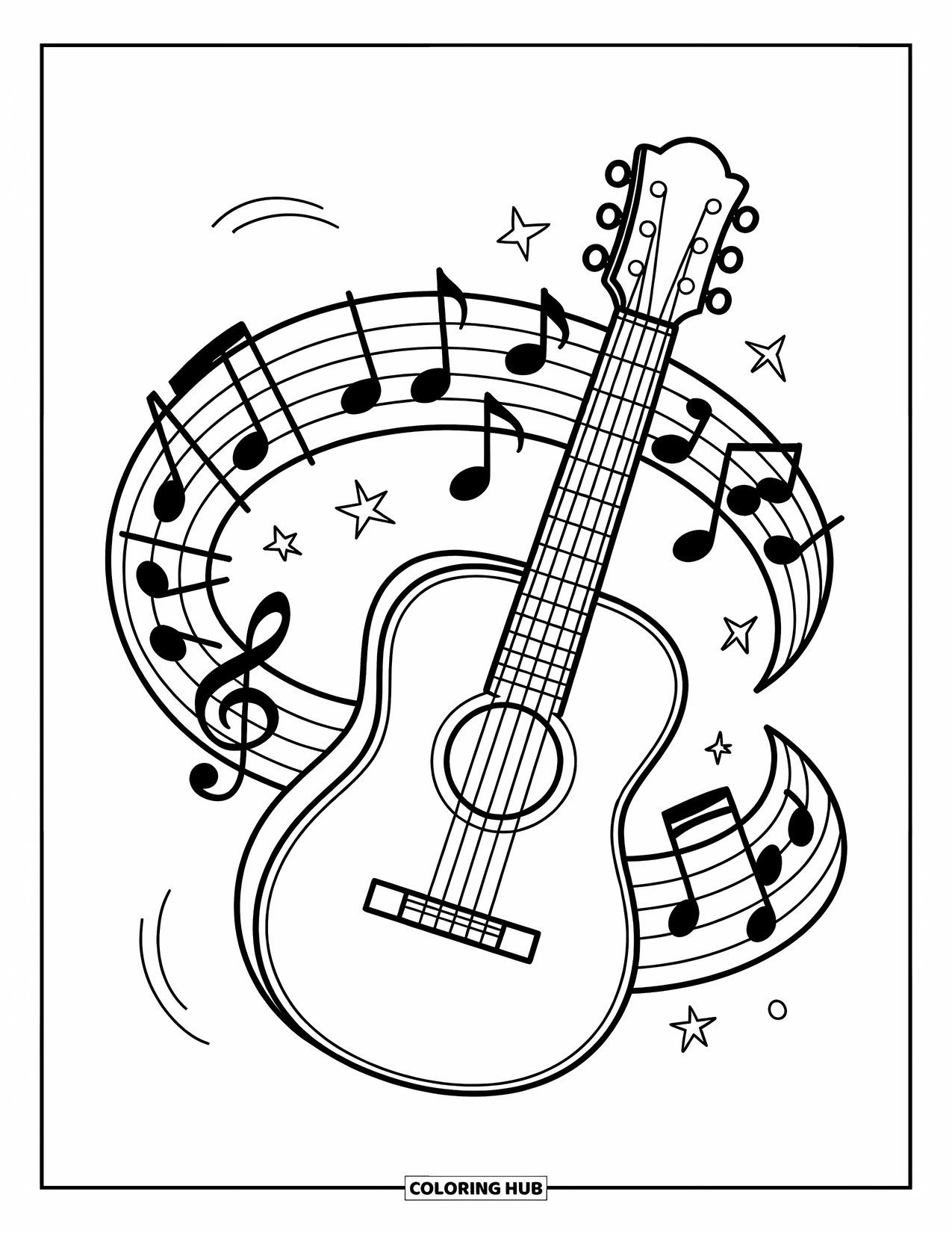 Desenho de Música para Colorir para Crianças: Guitarra grande com linhas de música rodopiantes e pequenas notas divertidas