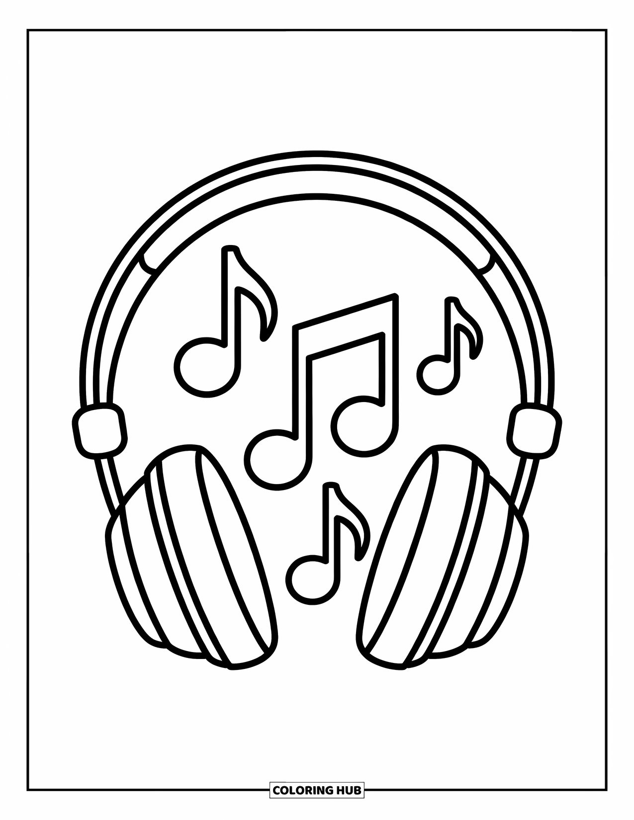 Desenho de Música para Colorir para Crianças: Fones de ouvido grandes com notas curvas flutuando suavemente acima