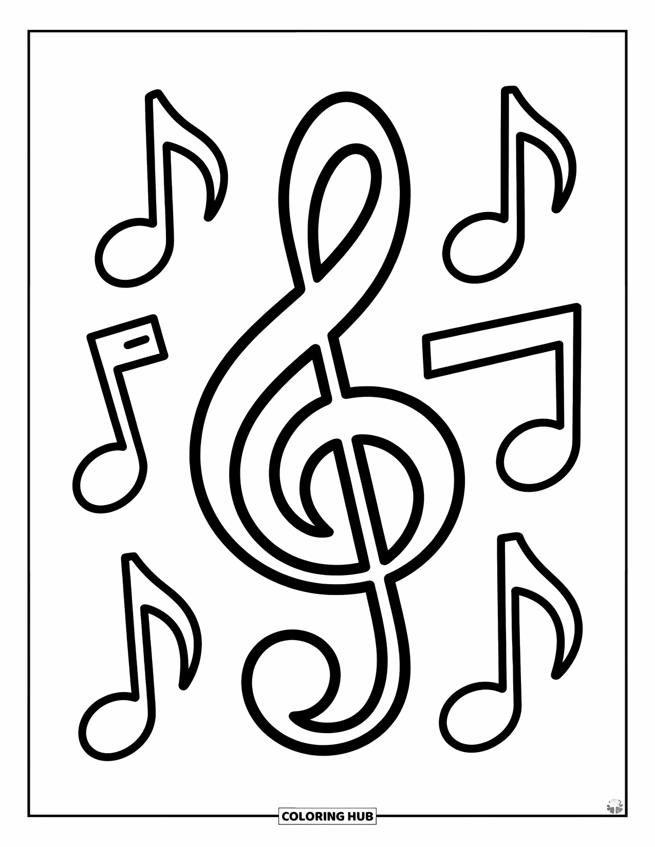 Desenho de Música para Colorir para Crianças: Grande clave de sol com notas superdimensionadas flutuando em um redemoinho divertido