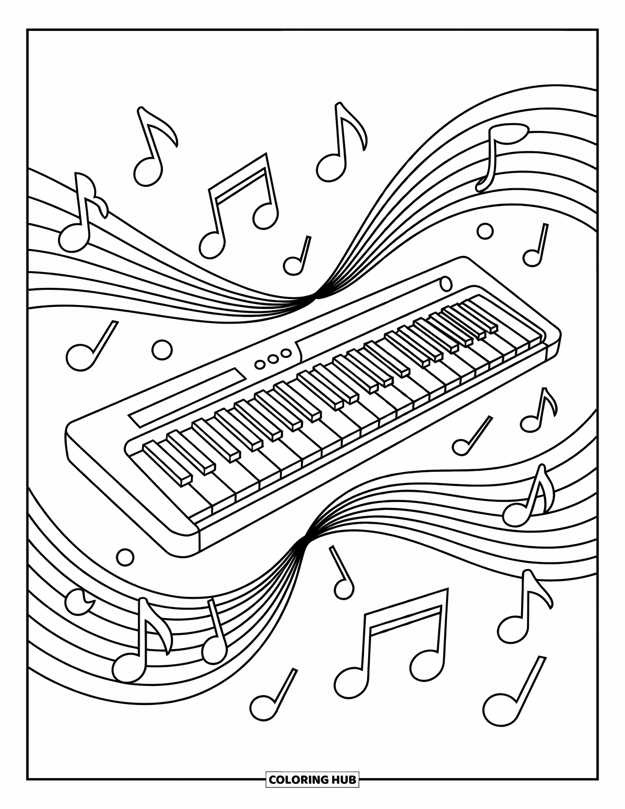 Desenho de Música para Colorir para Crianças: Design de teclado ousado com linhas de onda fluidas e notas musicais divertidas por toda parte