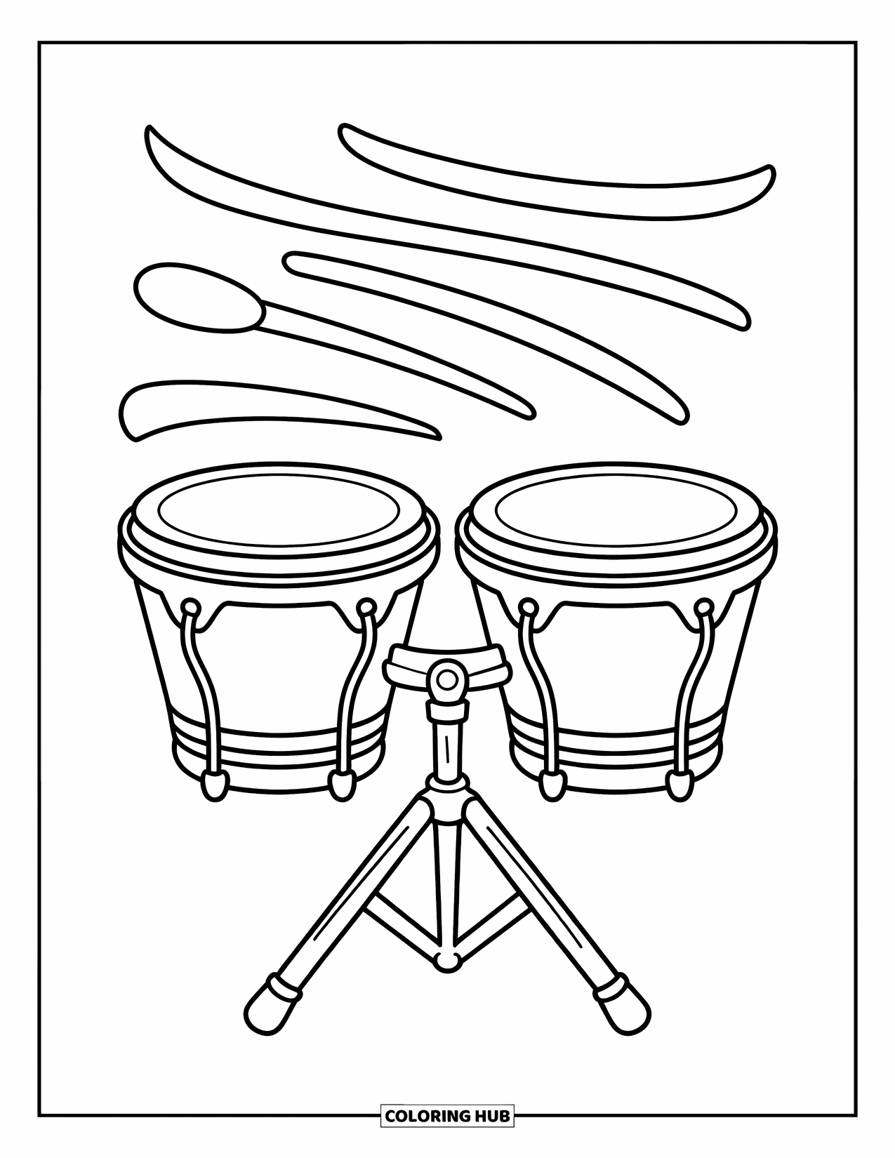 Desenho de Música para Colorir para Crianças: Bongôs em um suporte com linhas rítmicas fluindo acima em um design divertido e animado