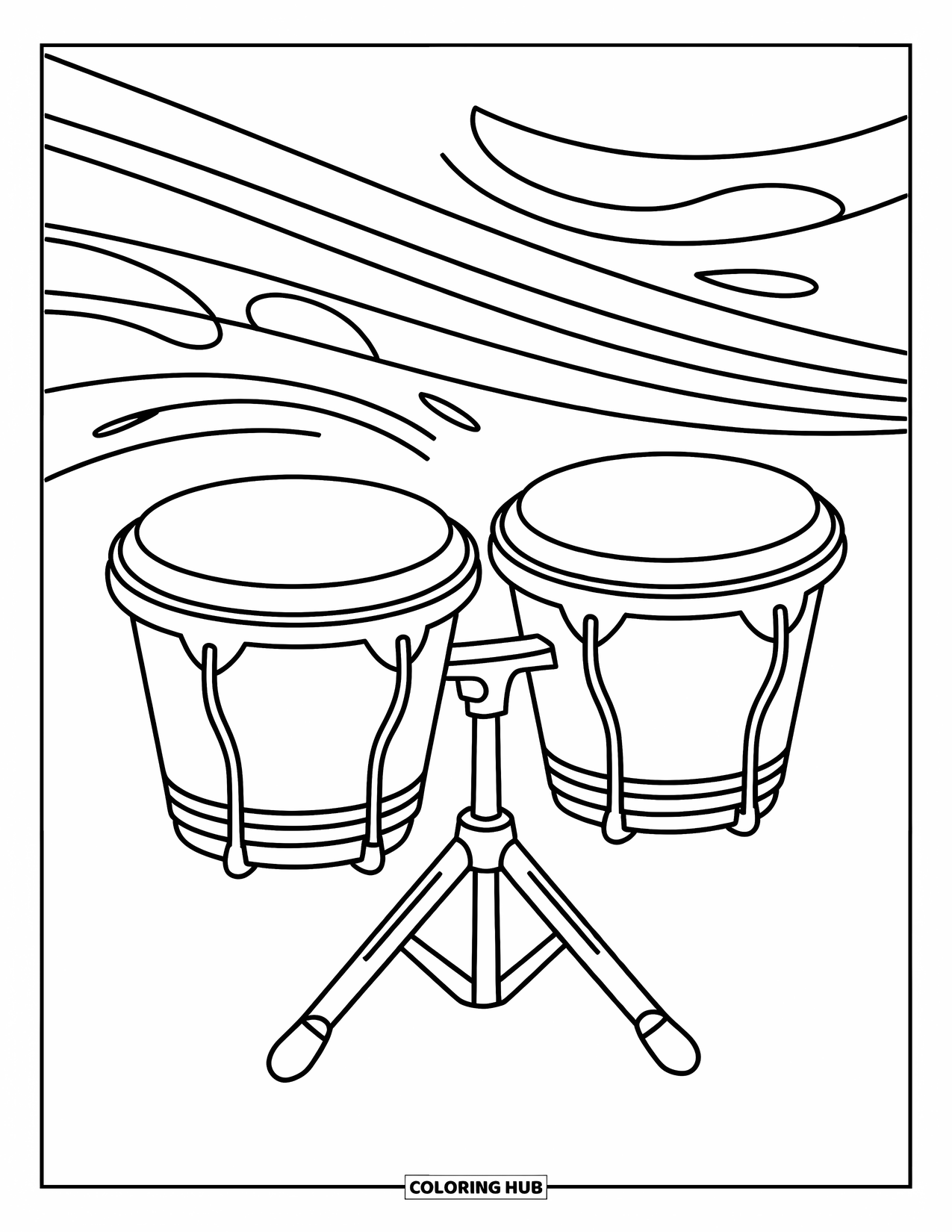 Desenho de Música para Colorir para Crianças: Bongôs com linhas curvas acima, criando uma vibração rítmica e divertida