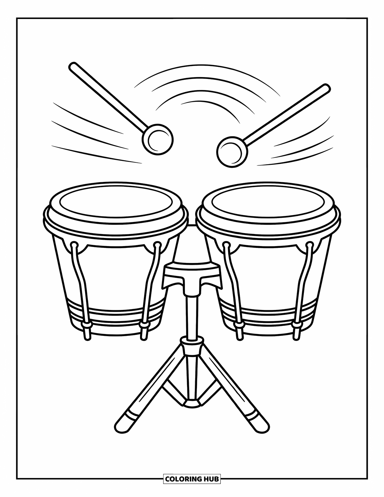 Desenho de Música para Colorir para Crianças: Bongôs com linhas rítmicas adicionando movimento e energia ao design