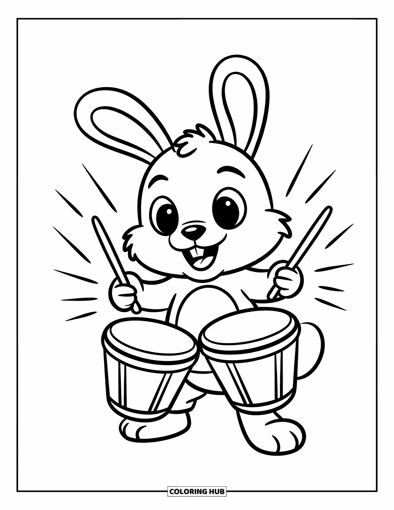 Desenho de Música para Colorir para Crianças: Coelhinho toca bongôs com linhas rítmicas e uma pose alegre e divertida
