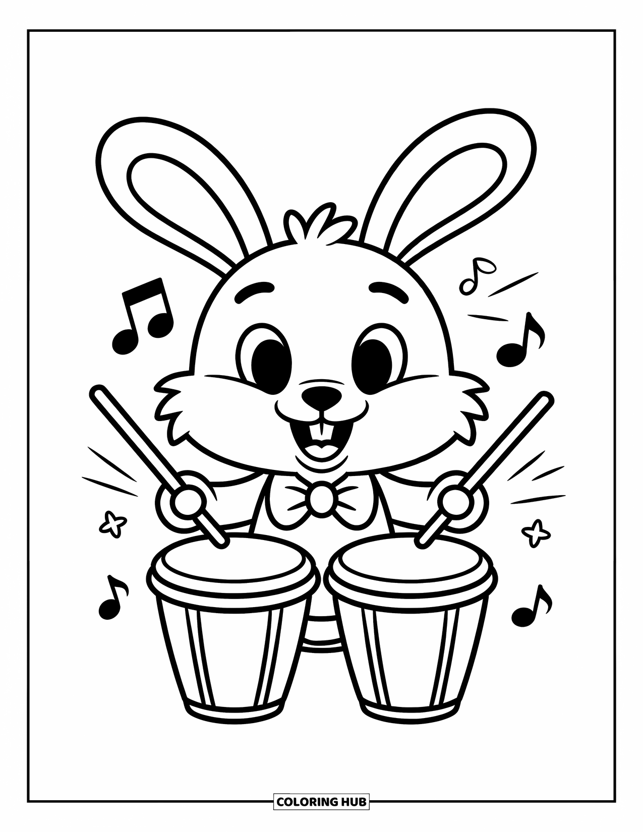 Desenho de Música para Colorir para Crianças: Coelhinho tocando bongôs com estrelas, notas e um alegre redemoinho musical