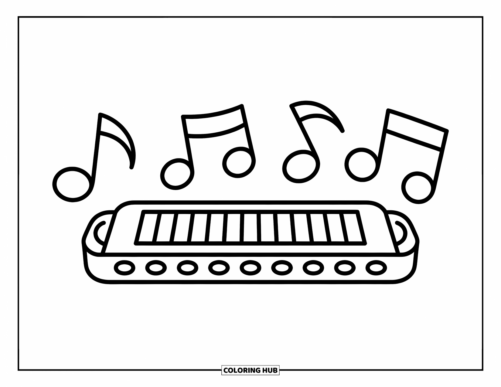Desenho de Música para Colorir para Crianças: Gaita centralizada com notas curvas subindo em um layout doce e extravagante