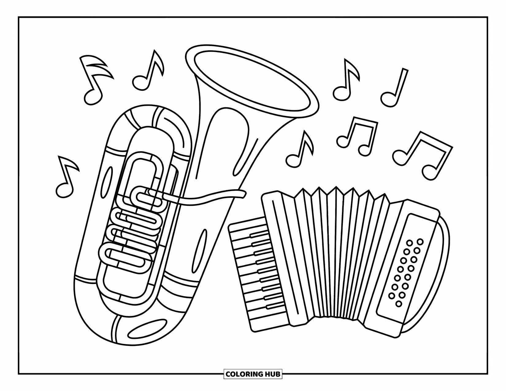 Desenho de Música para Colorir para Crianças: Tuba e acordeão alegres com notas flutuantes e uma pose divertida e inclinada