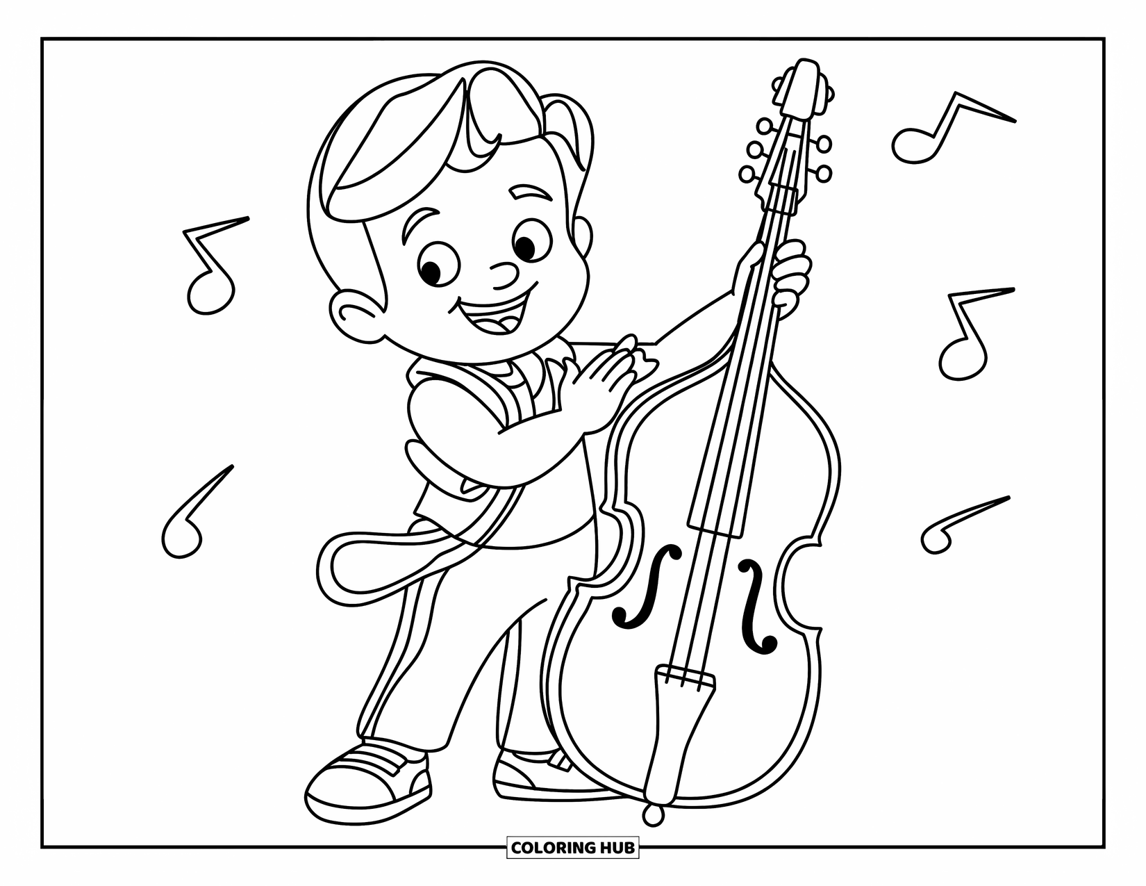 Desenho de Música para Colorir para Crianças: Criança batendo palmas ao lado de um baixo grande com notas musicais flutuantes por perto