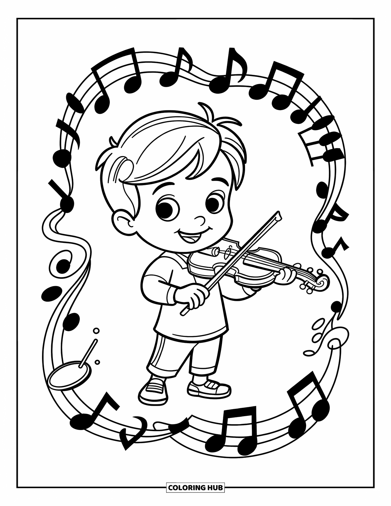 Desenho de Música para Colorir para Crianças: Criança tocando violino emoldurada por notas musicais, bateria e um pequeno piano