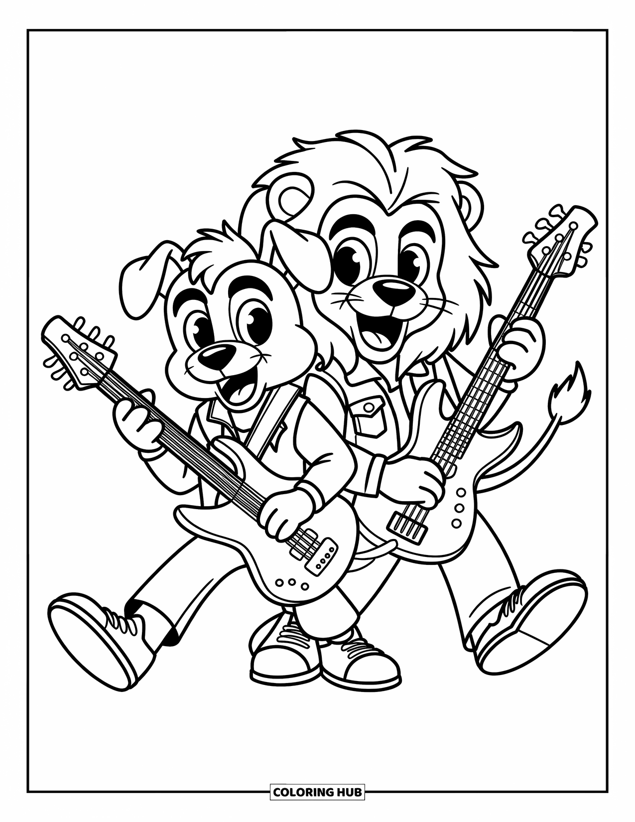 Desenho de Música para Colorir para Crianças: Cachorro e leão legais tocando guitarras em roupas ousadas de estrela do rock