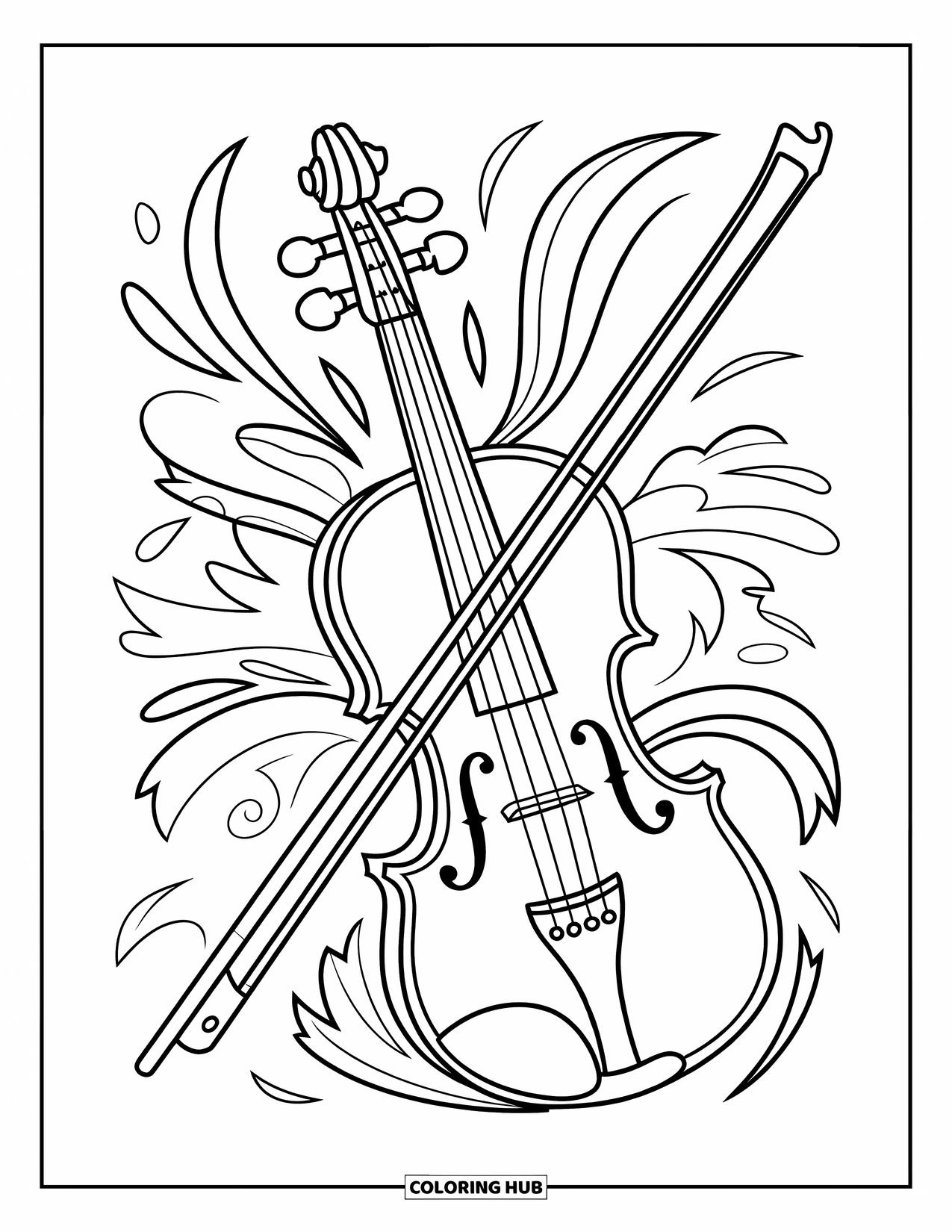 Desenho de Música para Colorir para Crianças: Violino e arco cruzados com gravuras, redemoinhos e padrões artísticos