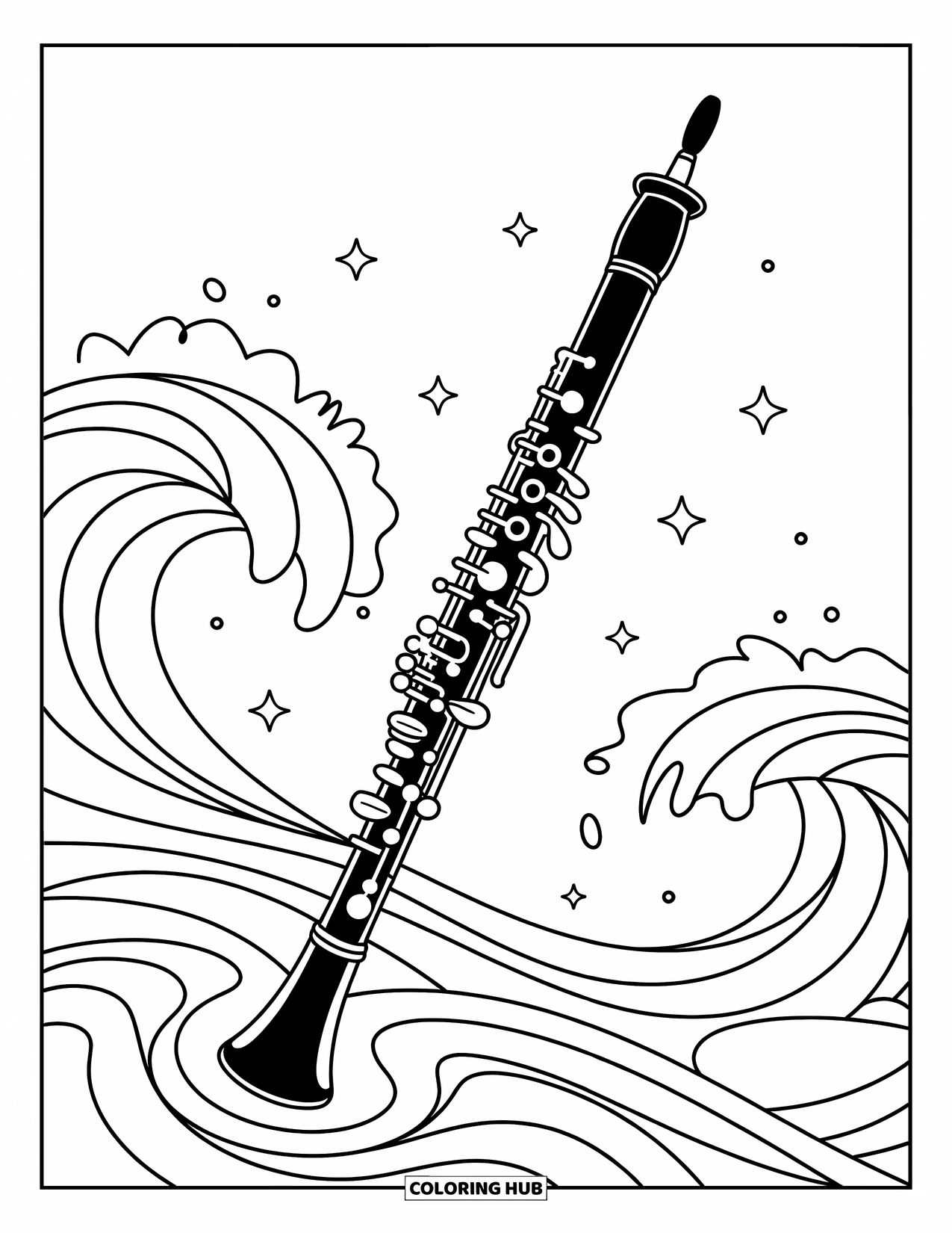 Desenho de Música para Colorir para Crianças: Oboé curvo com padrões de ondas rodopiantes e pequenas estrelas flutuando por toda parte